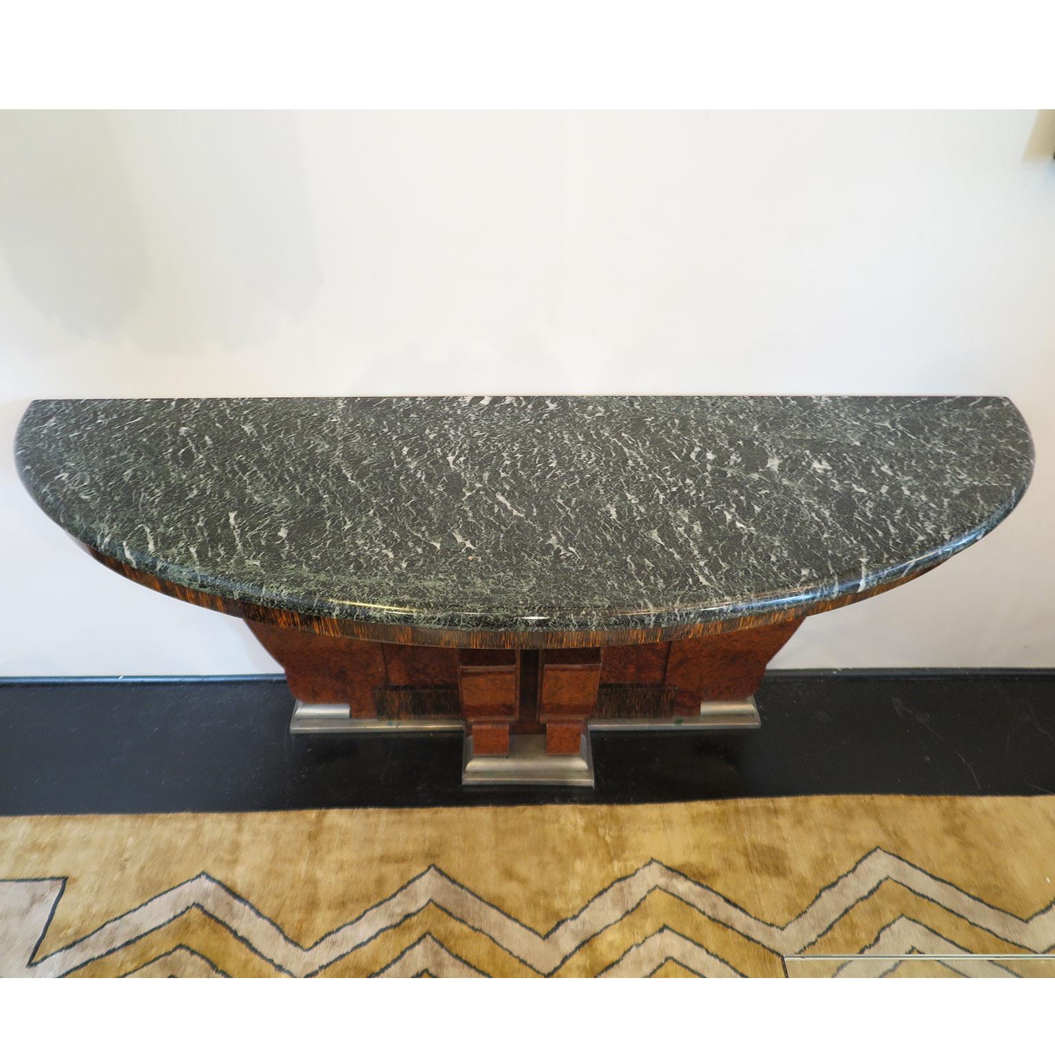 Pair of French Art Deco Demilune Consoles in Burl with Marble Top 2