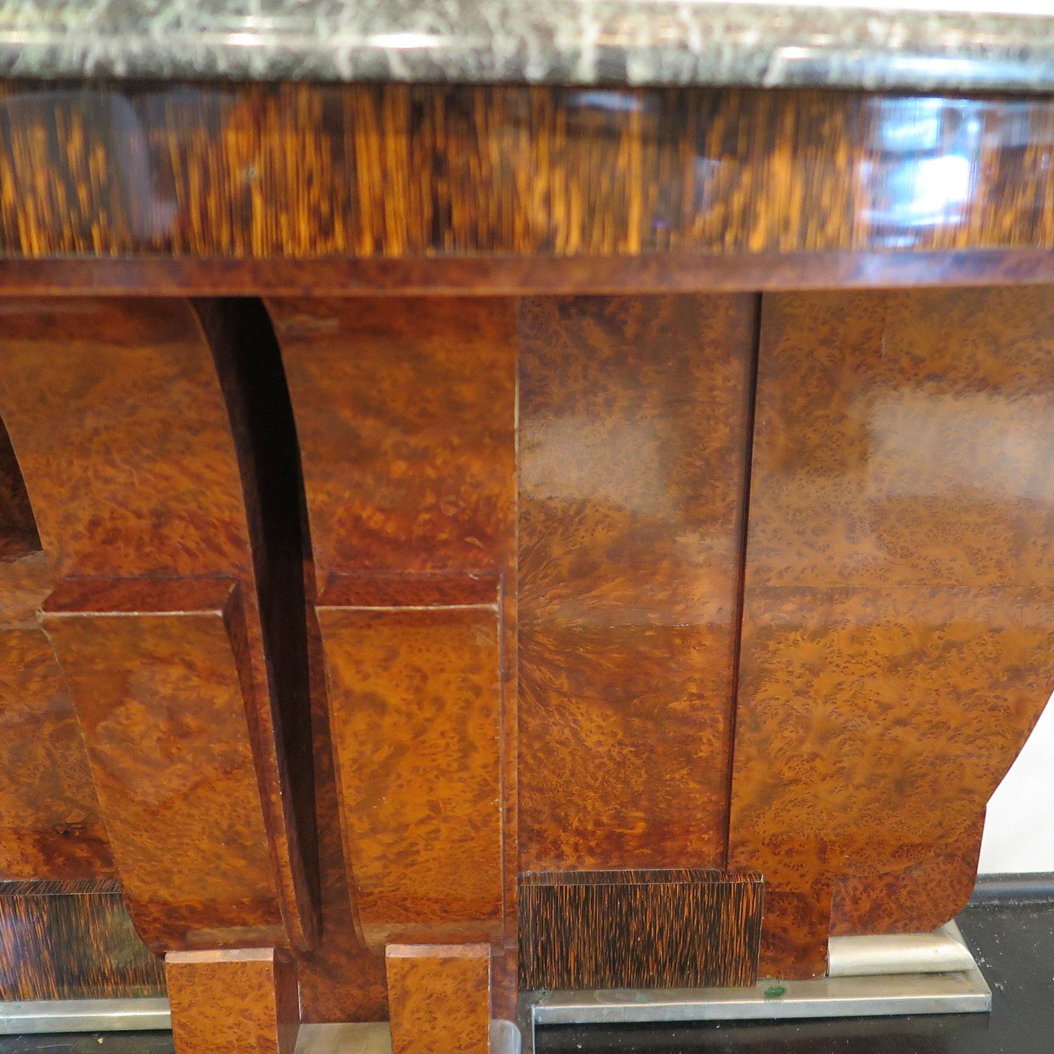 Pair of French Art Deco Demilune Consoles in Burl with Marble Top 3