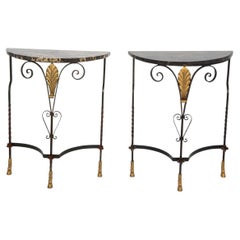 Antique Pair of French Art Deco Demilune Wrought Iron Consoles with Marble Tops