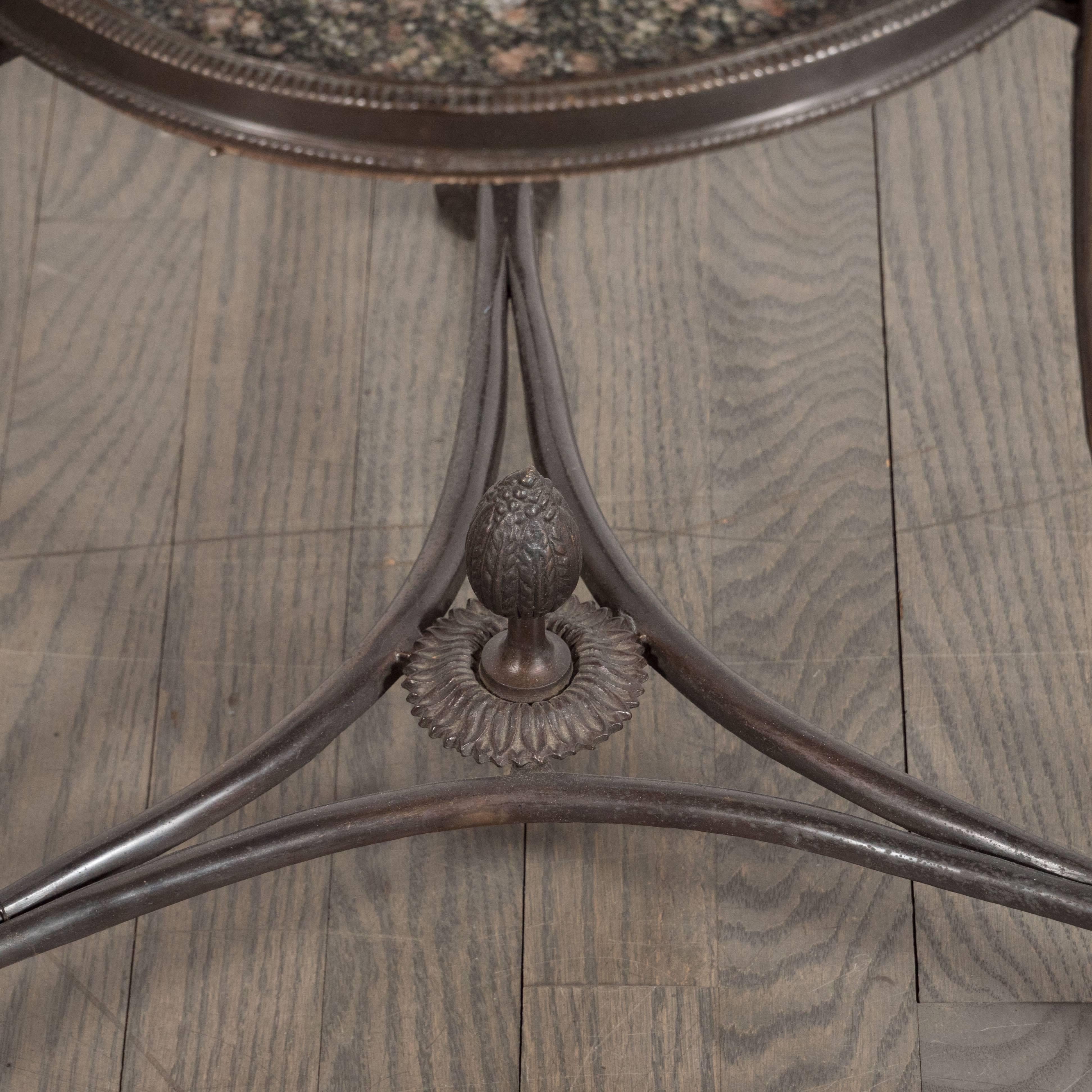 Wrought Iron Pair of French Art Deco Directoire Style Bronze and Granite Gueridon Tables