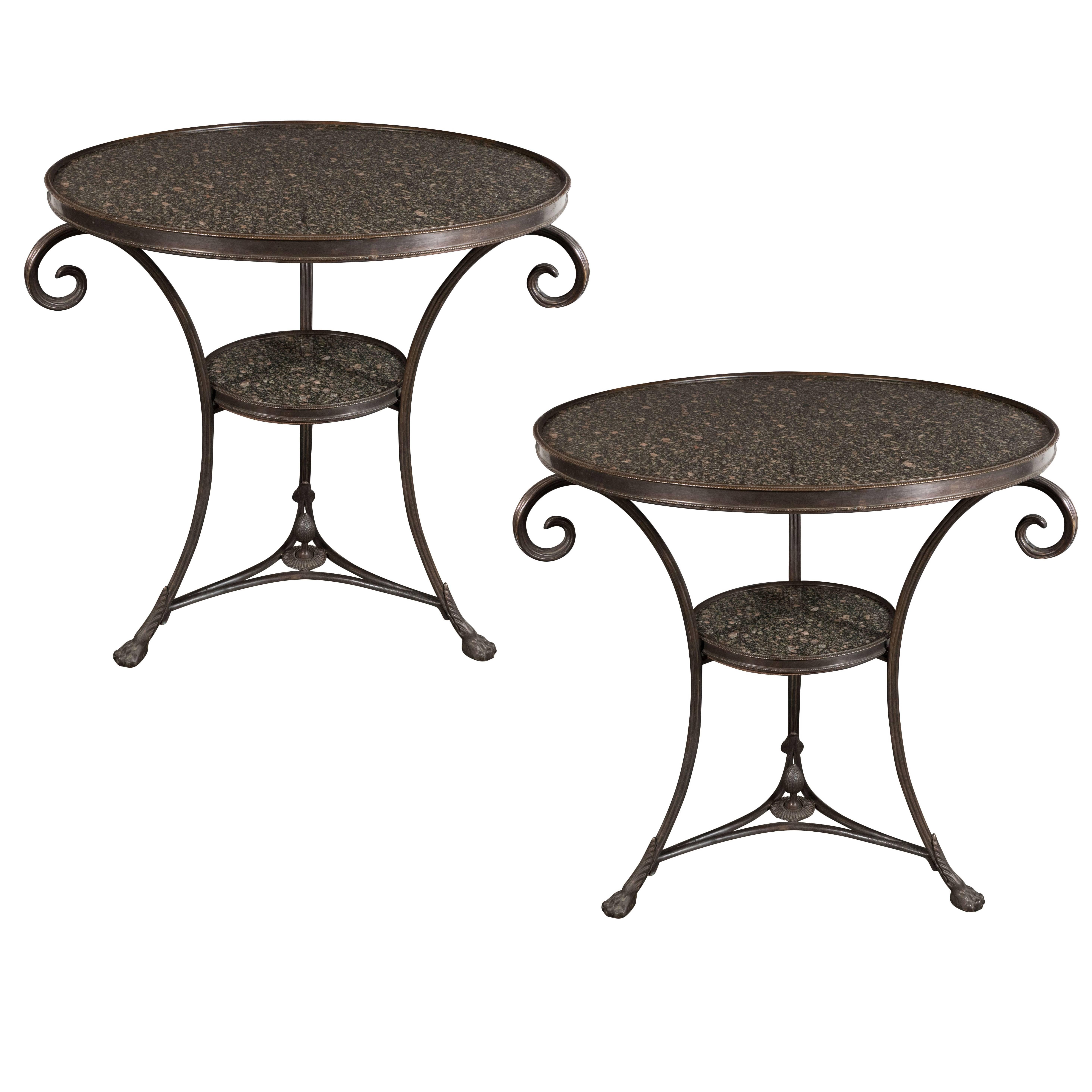 Pair of French Art Deco Directoire Style Bronze and Granite Gueridon Tables