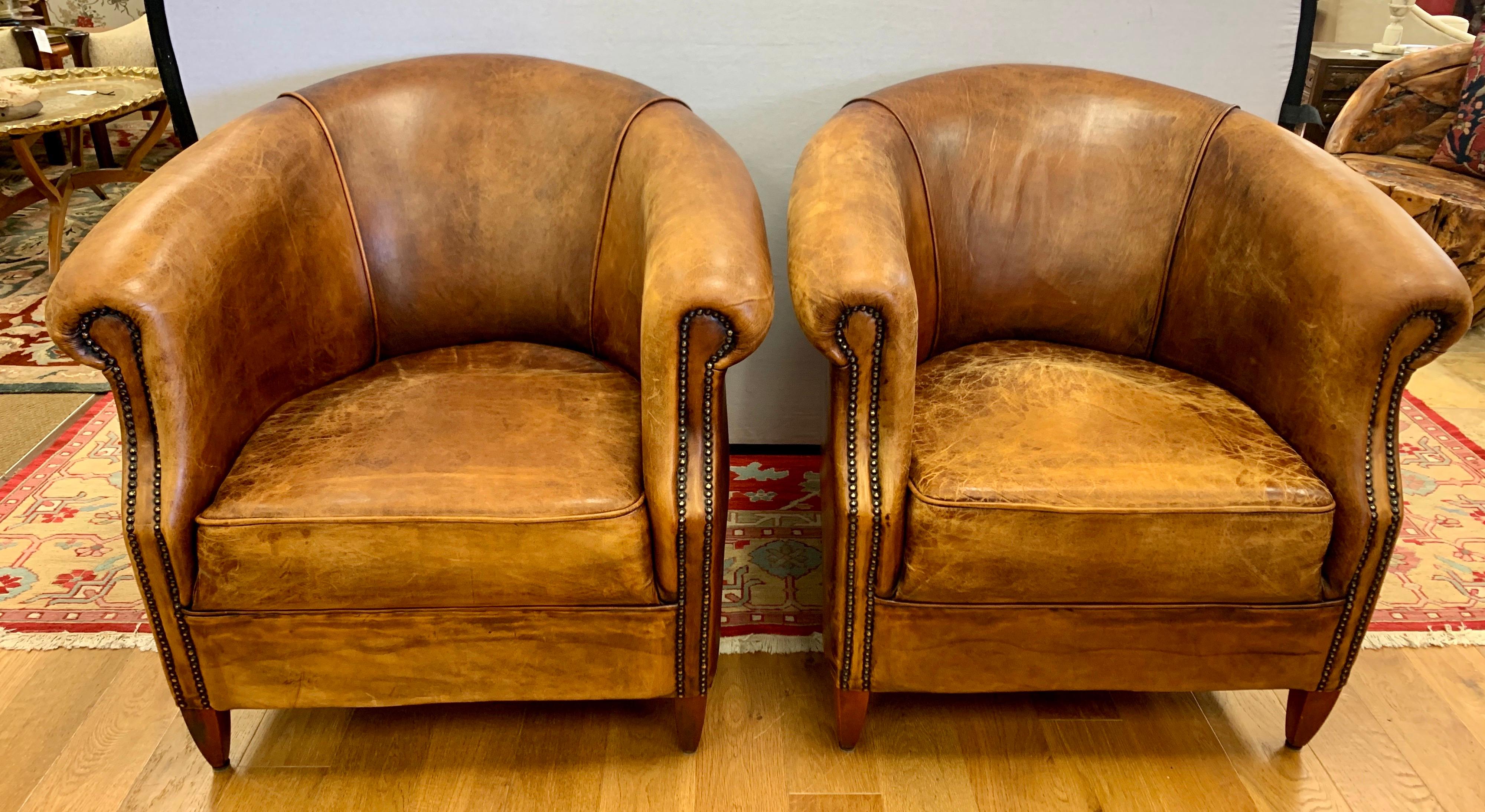 Pair of French Art Deco Distressed Leather & Nailhead Cigar Club Chairs 3
