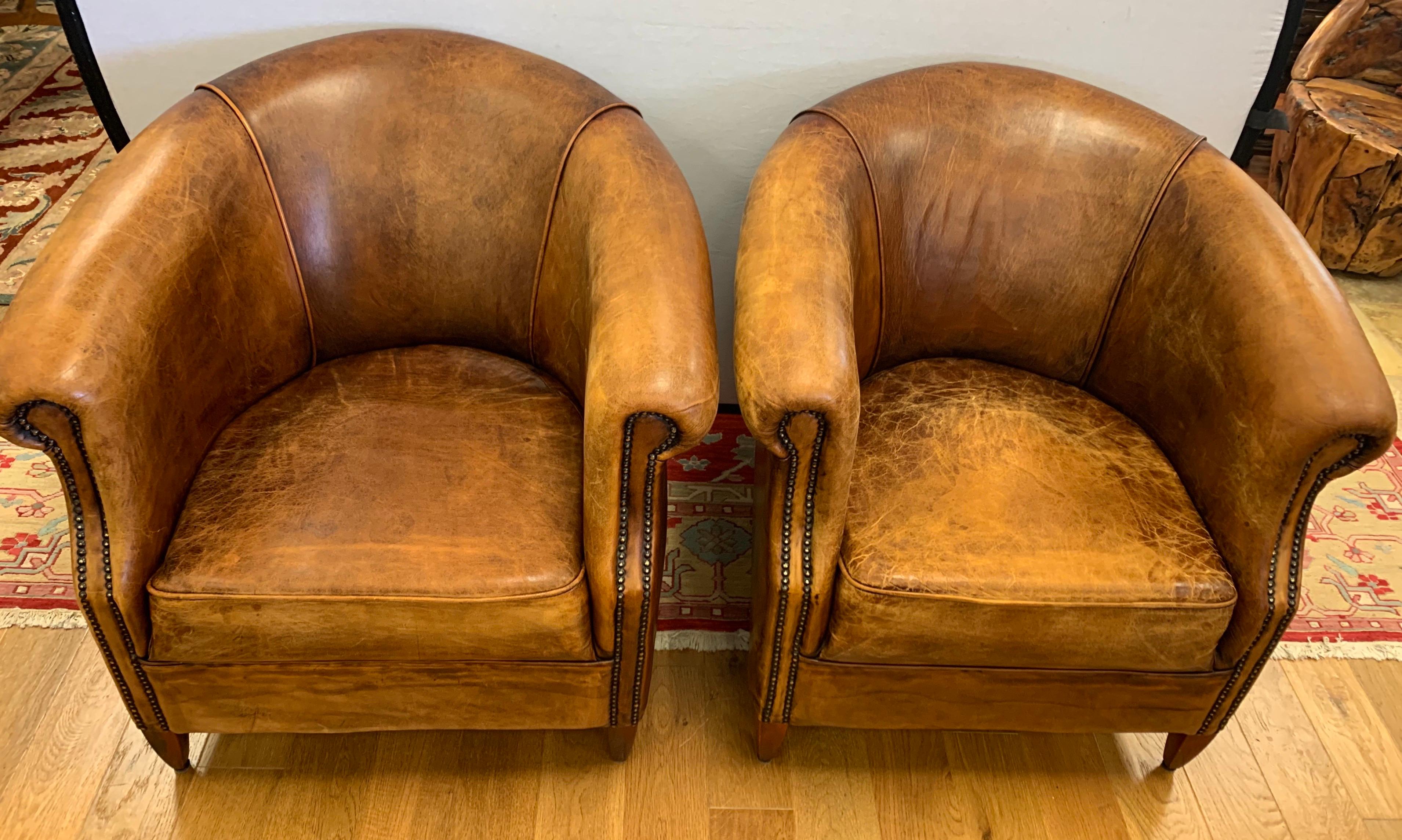 Pair of French Art Deco Distressed Leather & Nailhead Cigar Club Chairs 4