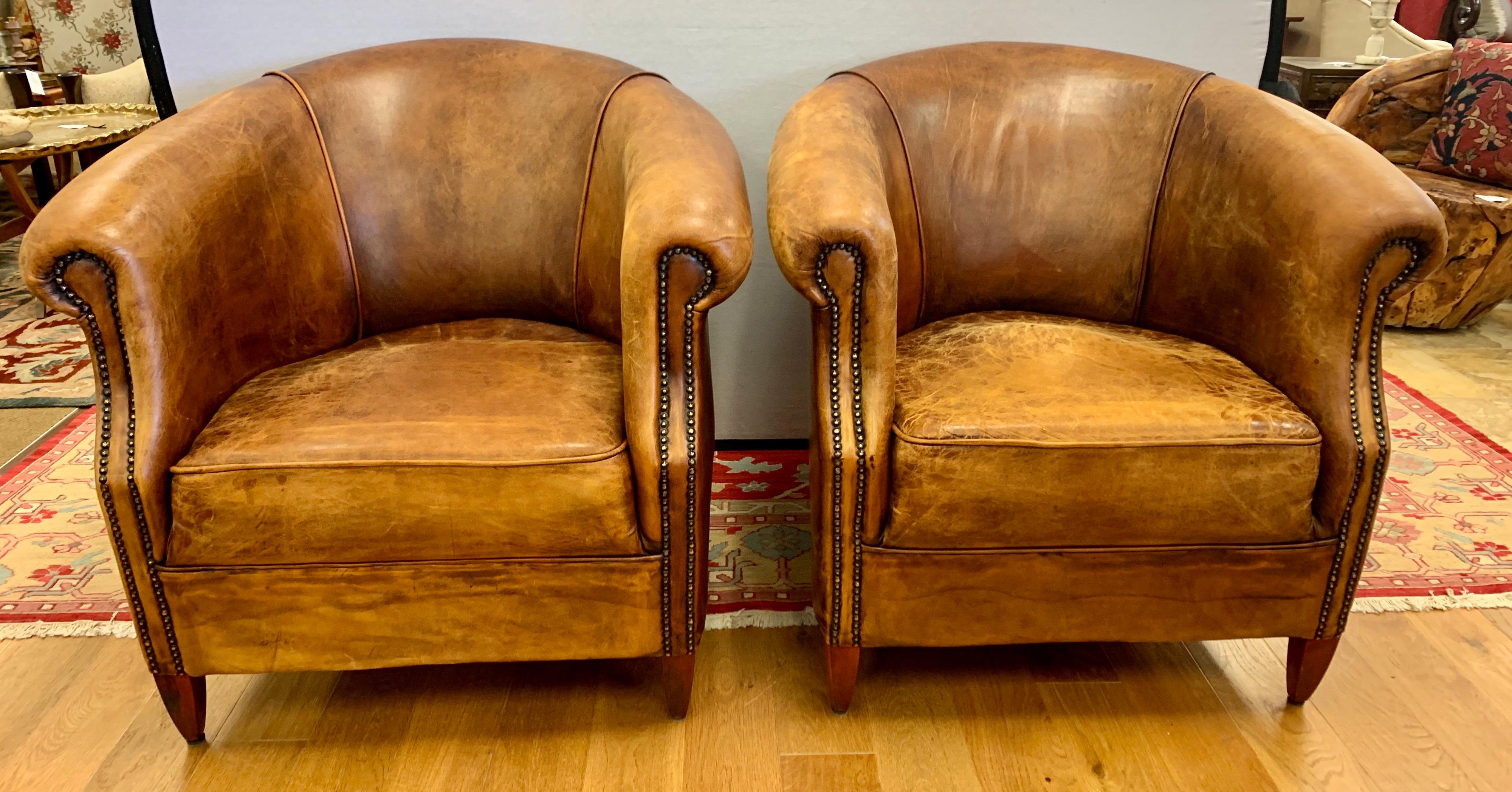 Pair of French Art Deco Distressed Leather & Nailhead Cigar Club Chairs 5