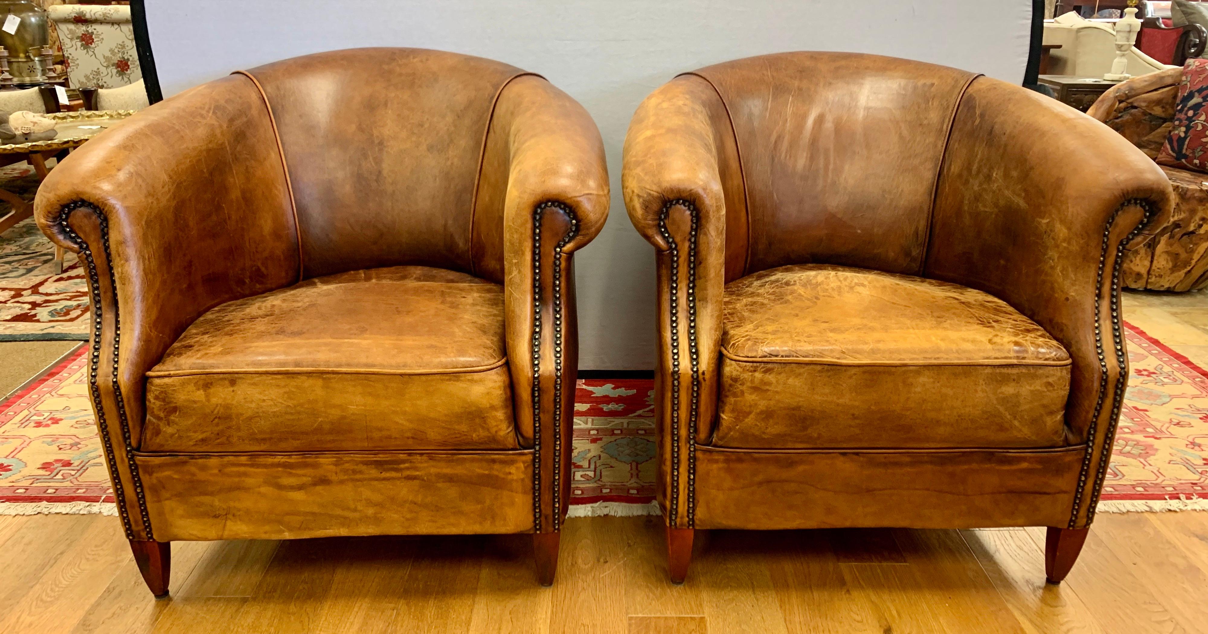 Pair of French Art Deco Distressed Leather & Nailhead Cigar Club Chairs 6