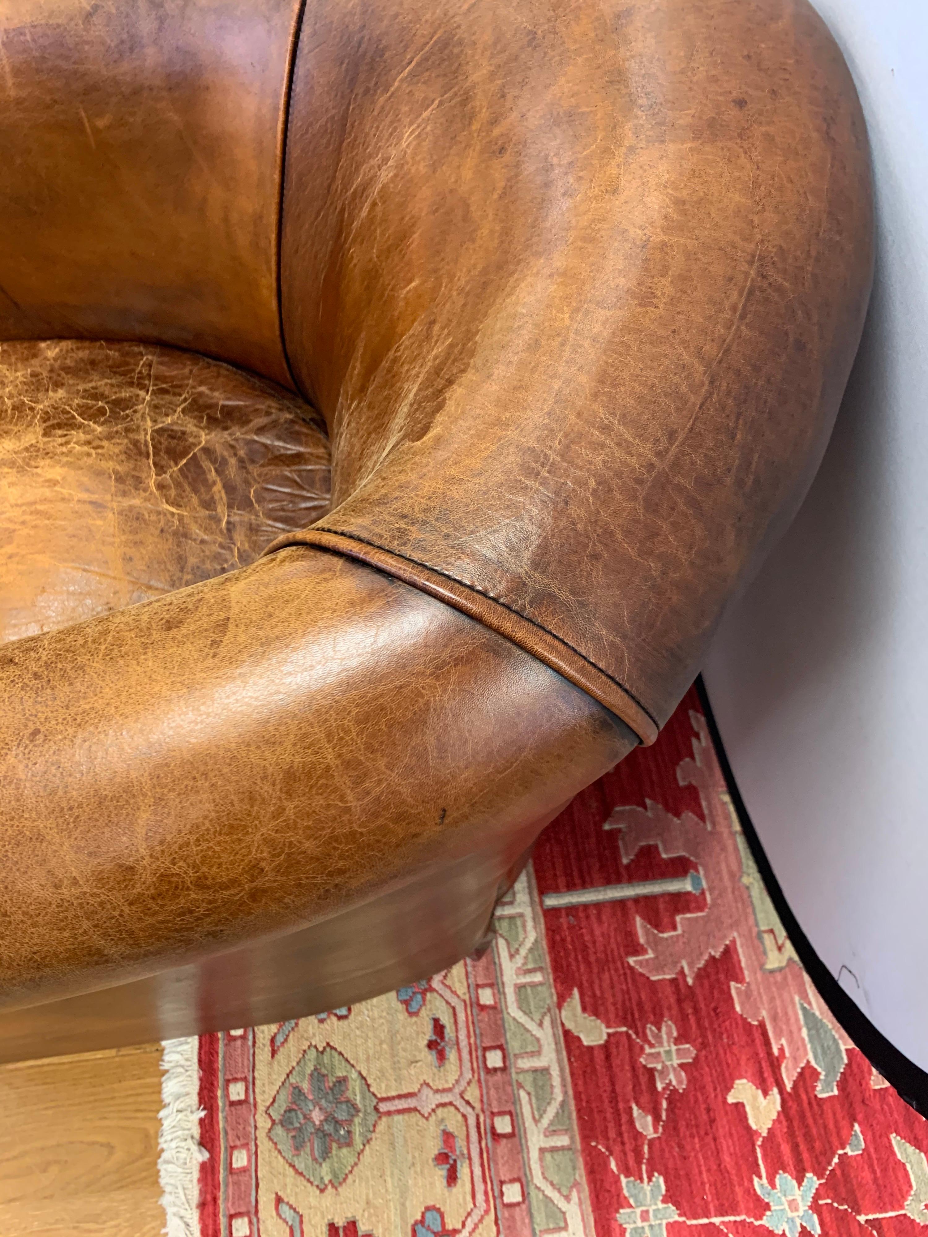 Pair of French Art Deco Distressed Leather & Nailhead Cigar Club Chairs 7