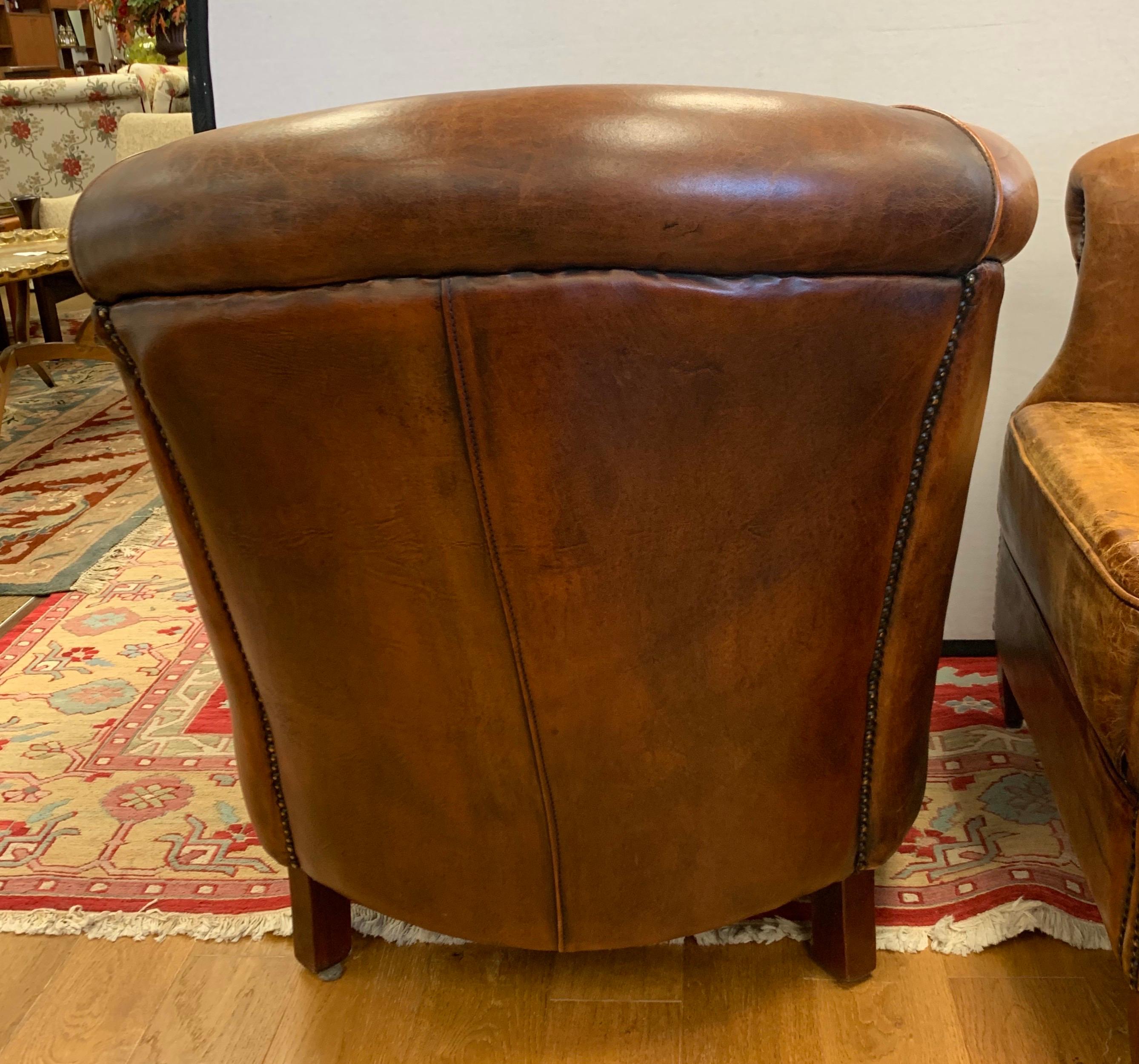 Pair of French Art Deco Distressed Leather & Nailhead Cigar Club Chairs 8