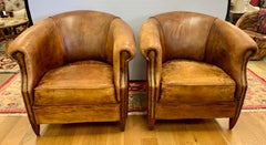 Pair of French Art Deco Distressed Leather & Nailhead Cigar Club Chairs