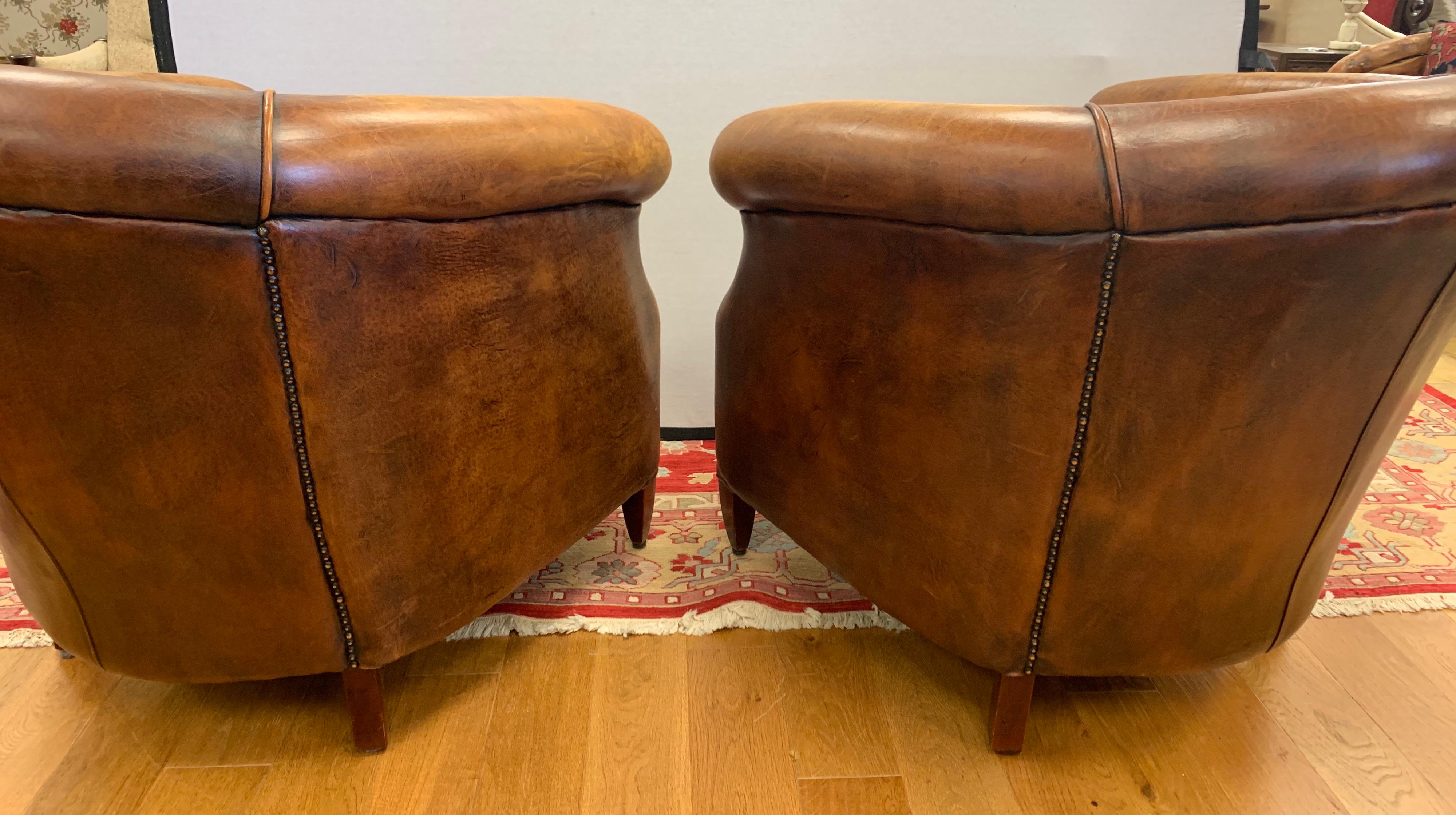Pair of French Art Deco Distressed Leather & Nailhead Cigar Club Chairs In Good Condition In West Hartford, CT