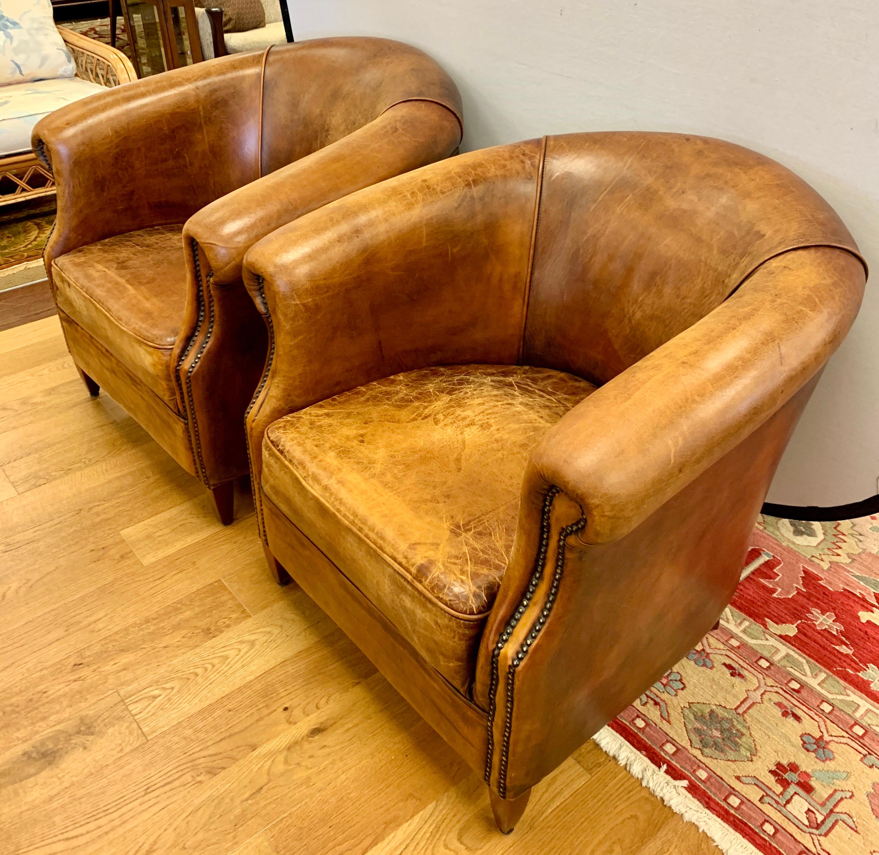 20th Century Pair of French Art Deco Distressed Leather & Nailhead Cigar Club Chairs
