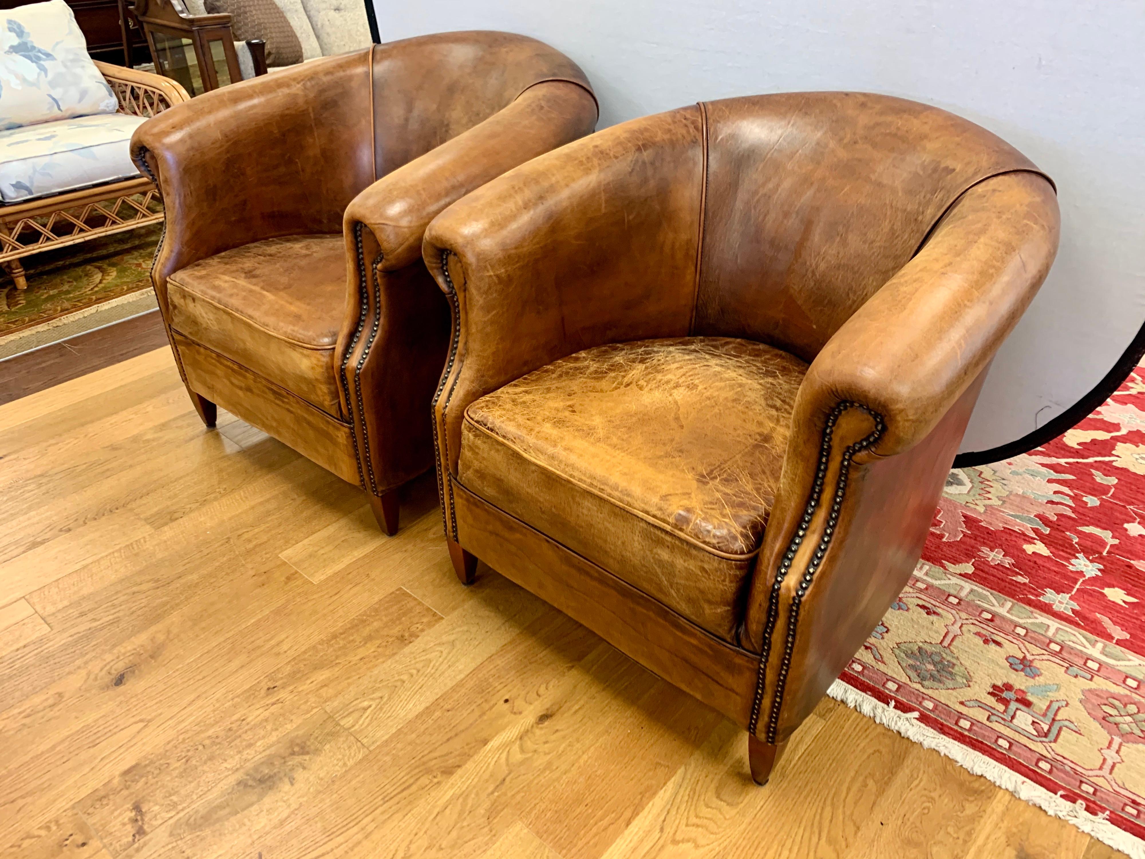 Pair of French Art Deco Distressed Leather & Nailhead Cigar Club Chairs 1