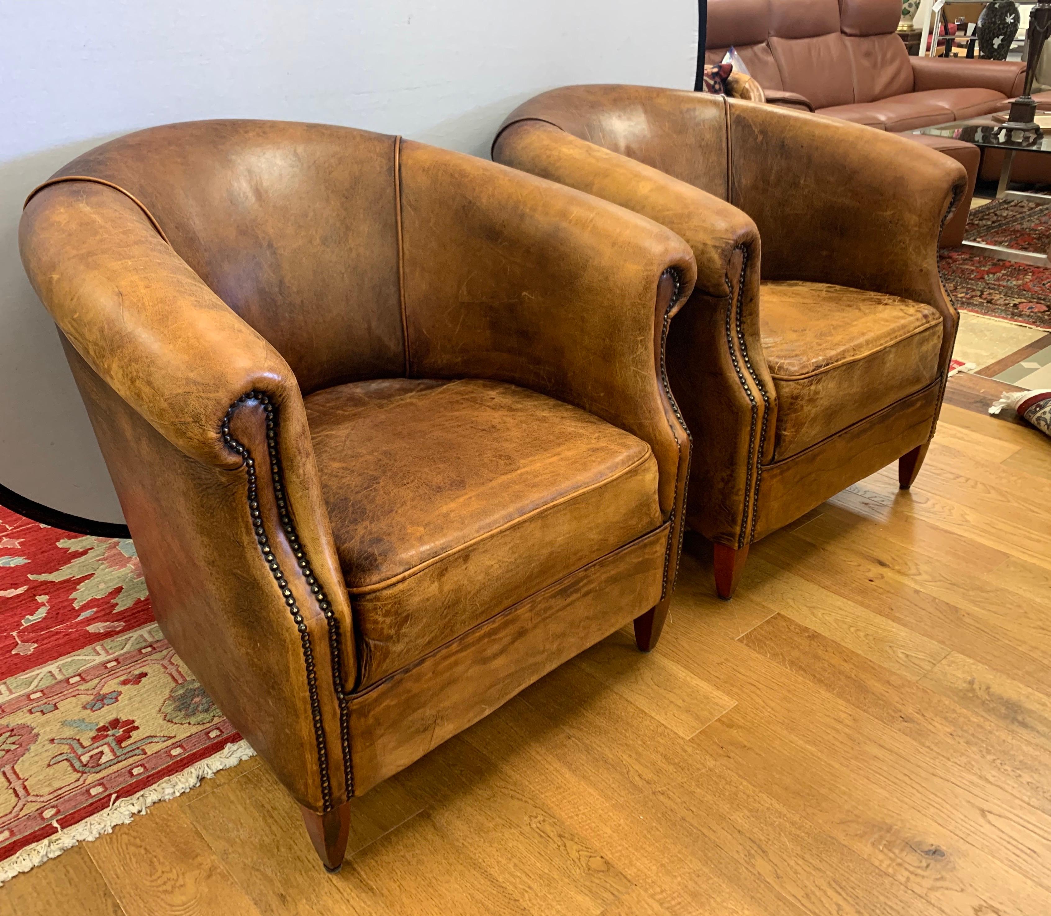 Pair of French Art Deco Distressed Leather & Nailhead Cigar Club Chairs 2