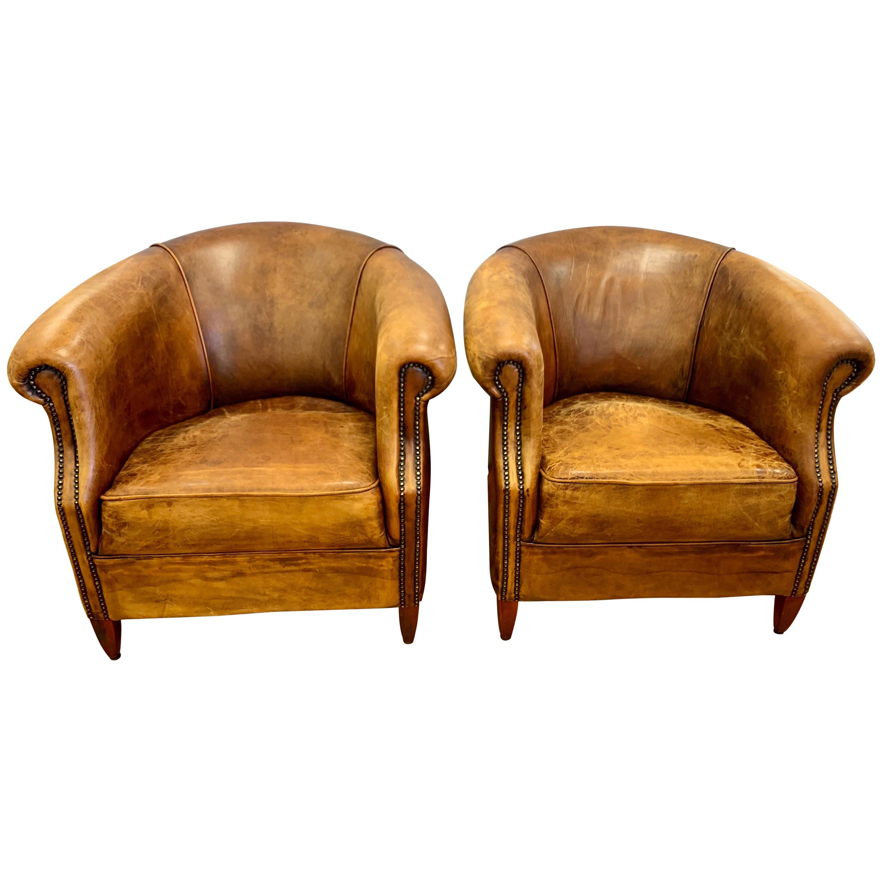 Pair of French Art Deco Distressed Leather & Nailhead Cigar Club Chairs