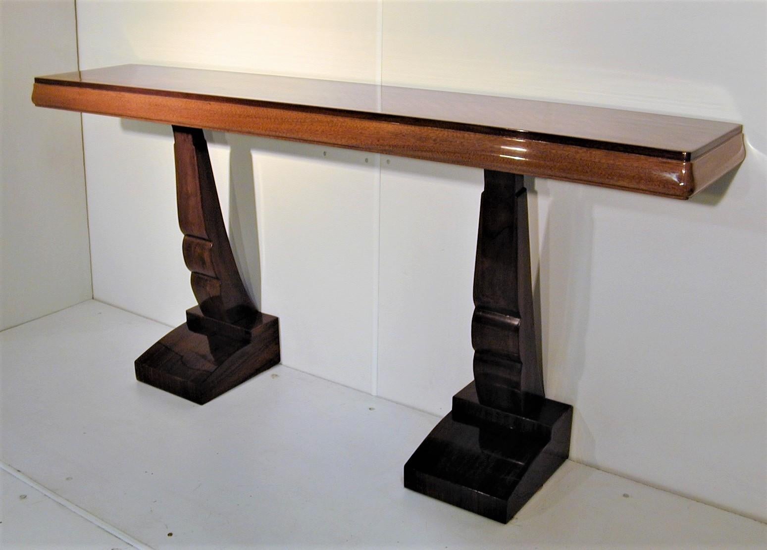 20th Century Pair of French Art Deco Double Legged Palisander Consoles