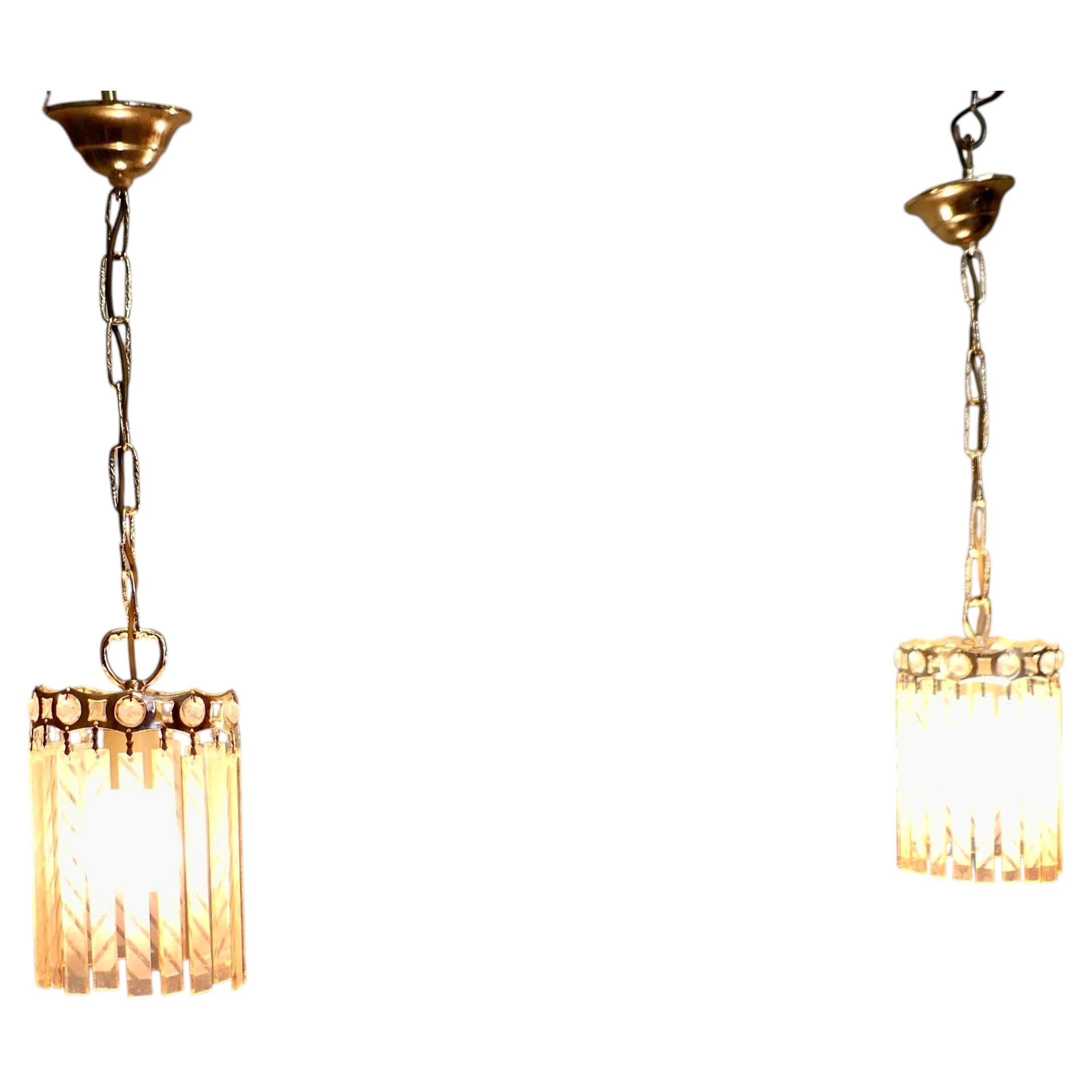 Pair of French Art Deco Etched Glass Ceiling Pendants