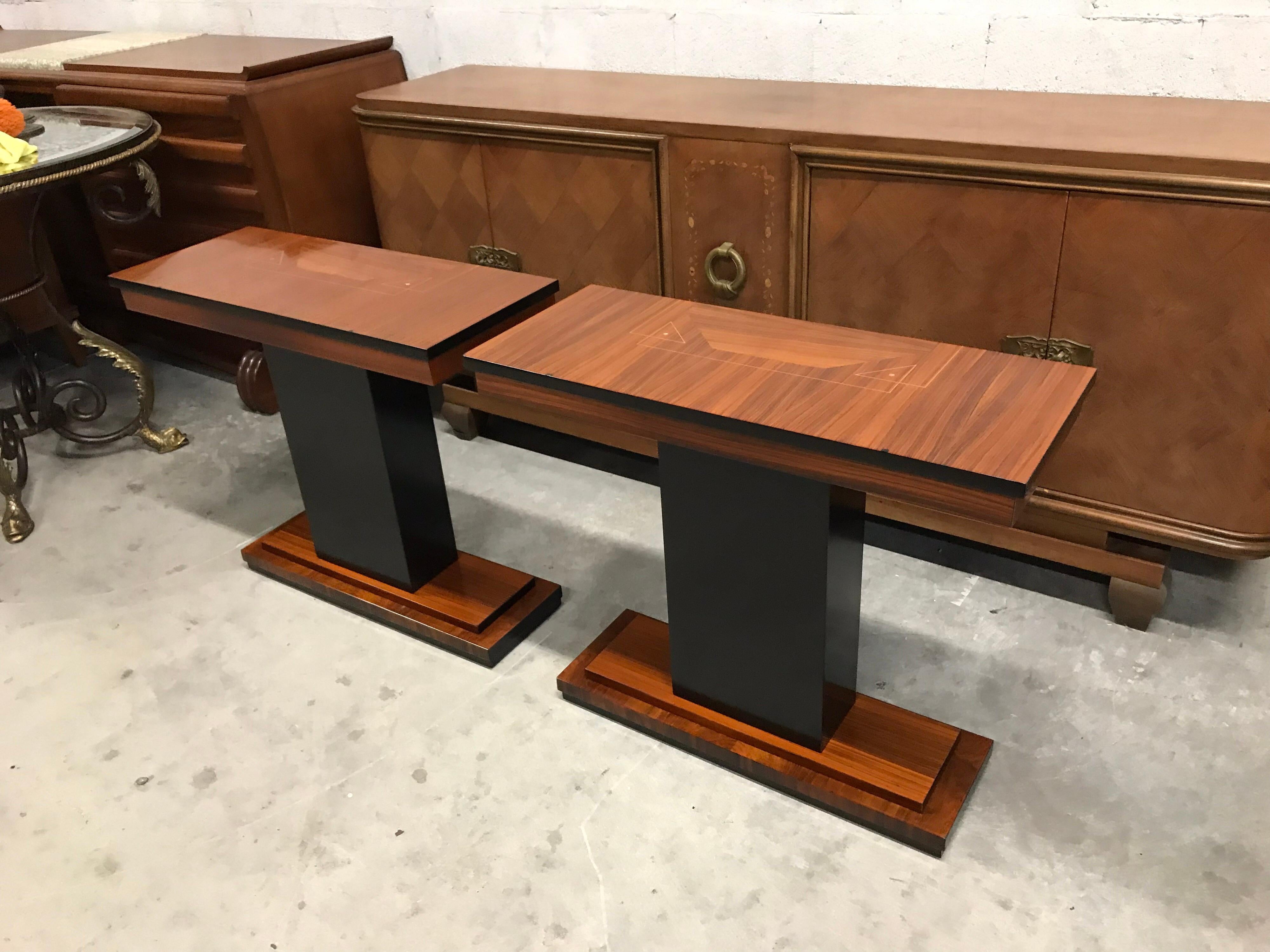 Wood Pair of French Art Deco Exotic Macassar Console Table 1940s