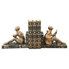 Pair of French Art Deco Figural Musician Bookends in Patinated Metal and Marble
