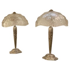 Pair of French Art Deco Floral Table Lamps Signed by Sabino