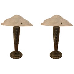 Pair of French Art Deco Floral Table Lamps Signed Degue