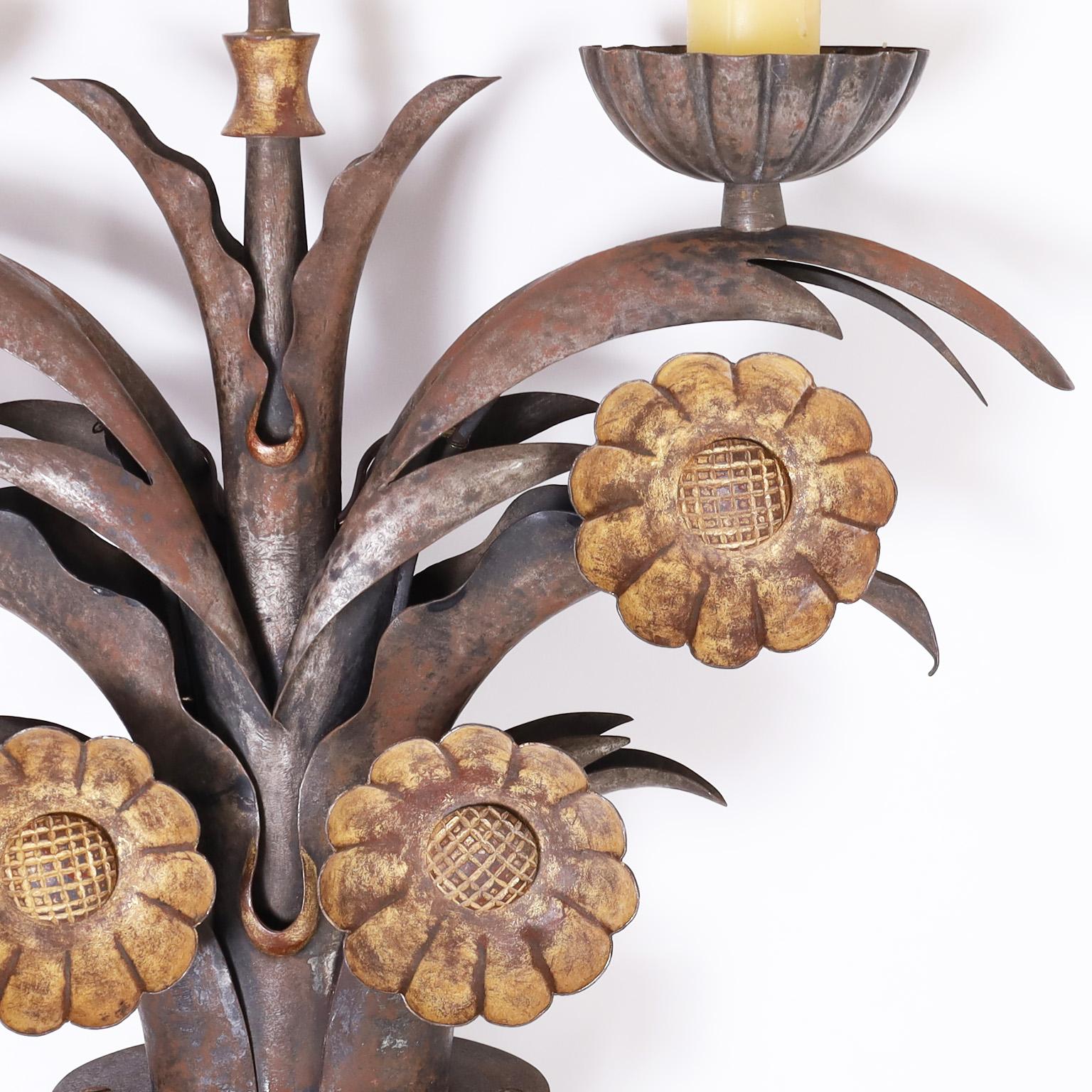 Metal Pair of French Art Deco Floral Wall Sconces For Sale