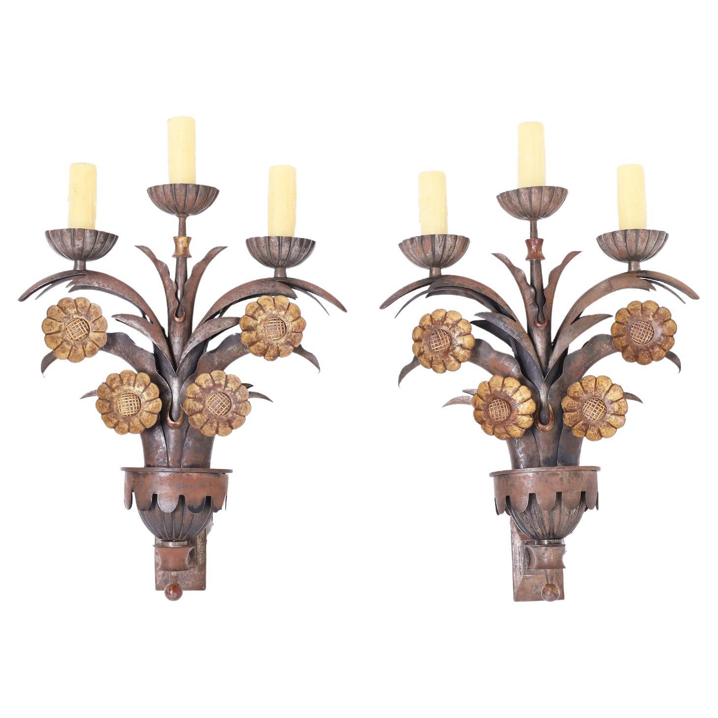 Pair of French Art Deco Floral Wall Sconces