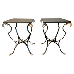 Antique Pair of French Art Deco Forged Iron and Brass Side Tables