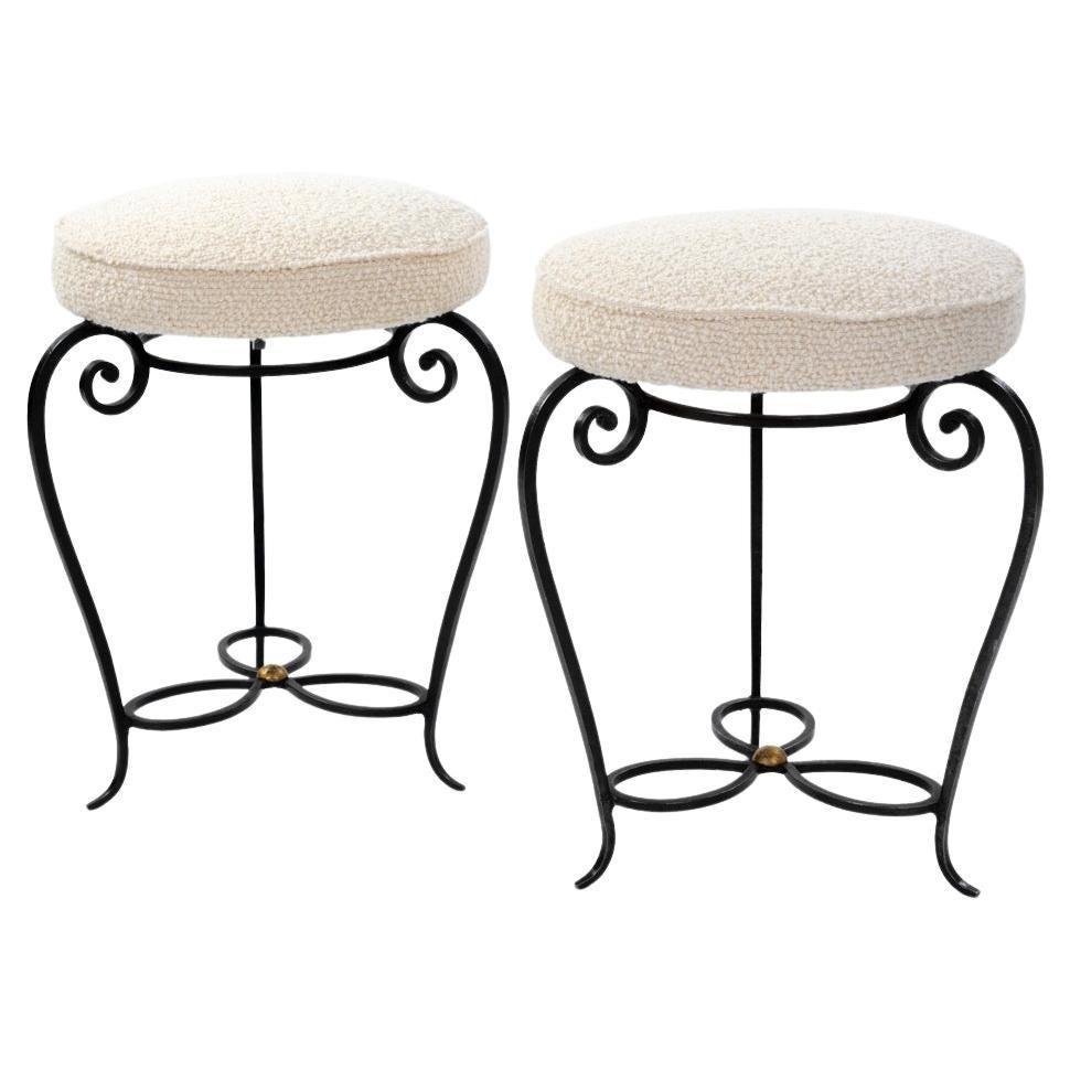 Pair of French Art Déco Forged Iron Stools Offwhite-Colored Bouclé France 1930s