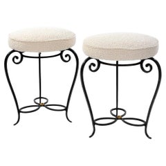 Pair of French Art Déco Forged Iron Stools Offwhite-Colored Bouclé France 1930s