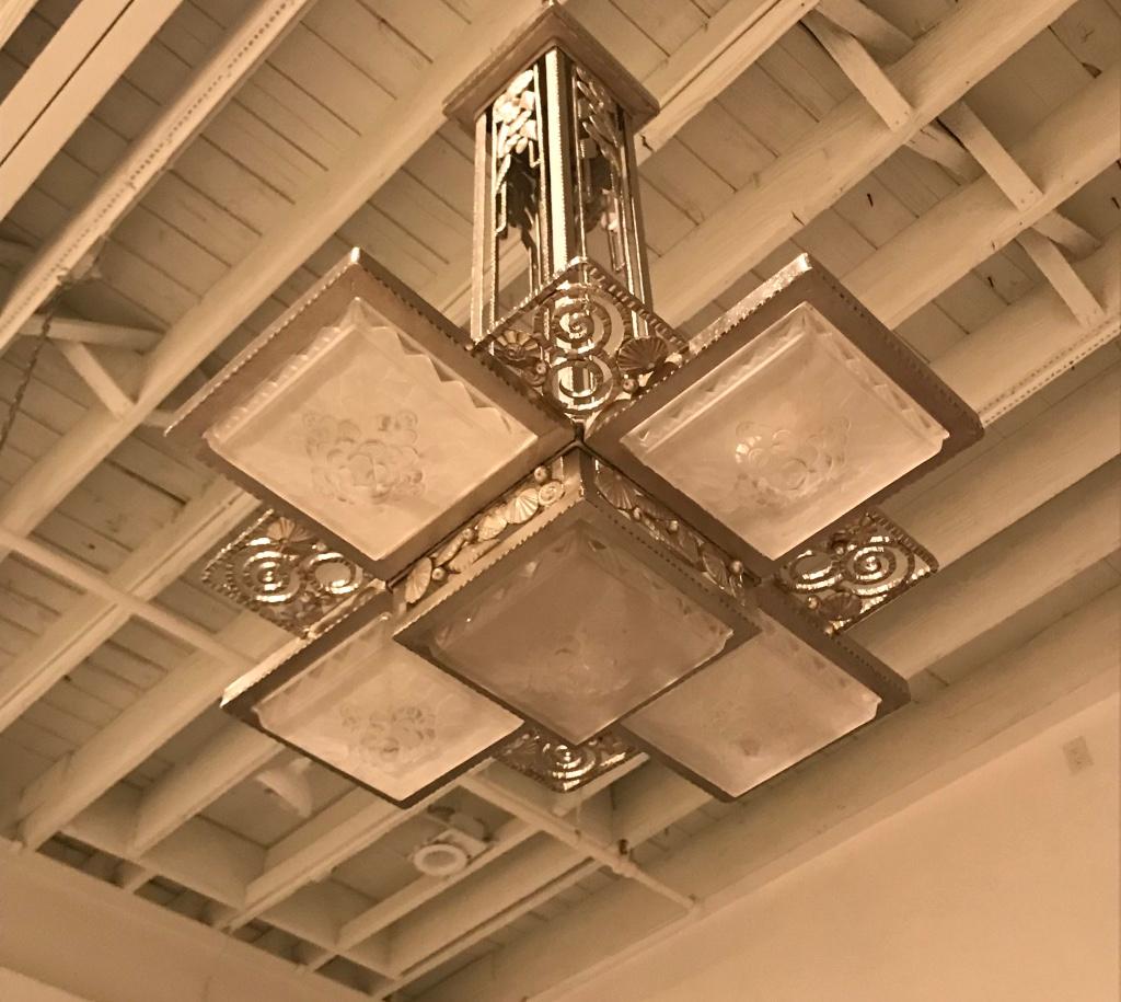 Pair of French Art Deco Geometric Chandelier Signed by Muller Frères Luneville In Excellent Condition In North Bergen, NJ