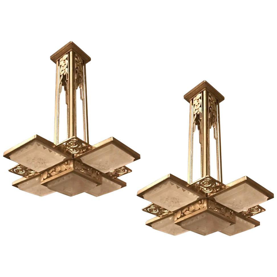 Pair of French Art Deco Geometric Chandelier Signed by Muller Frères Luneville