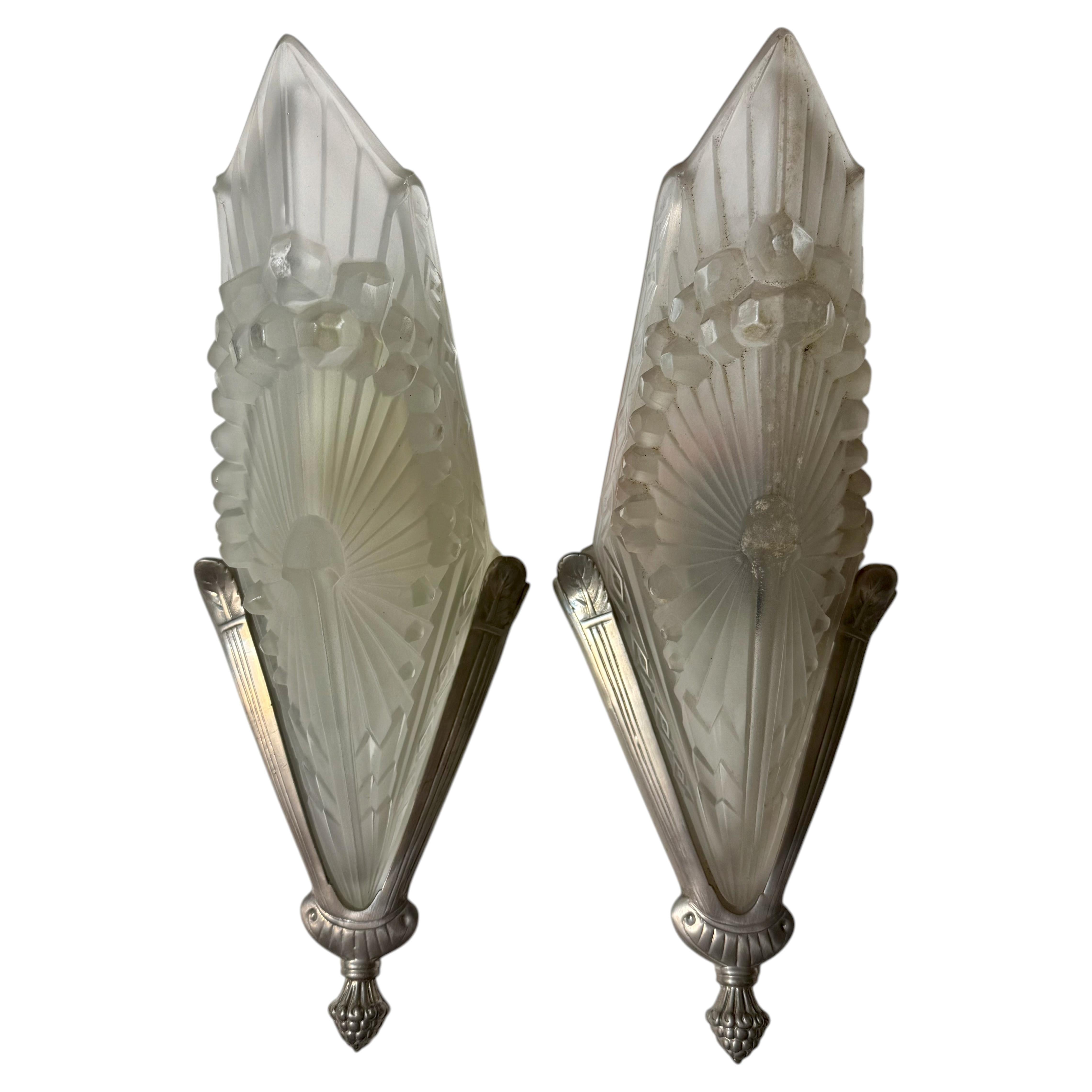 Pair of French Art Deco Geometric Sconces Signed by Schneider