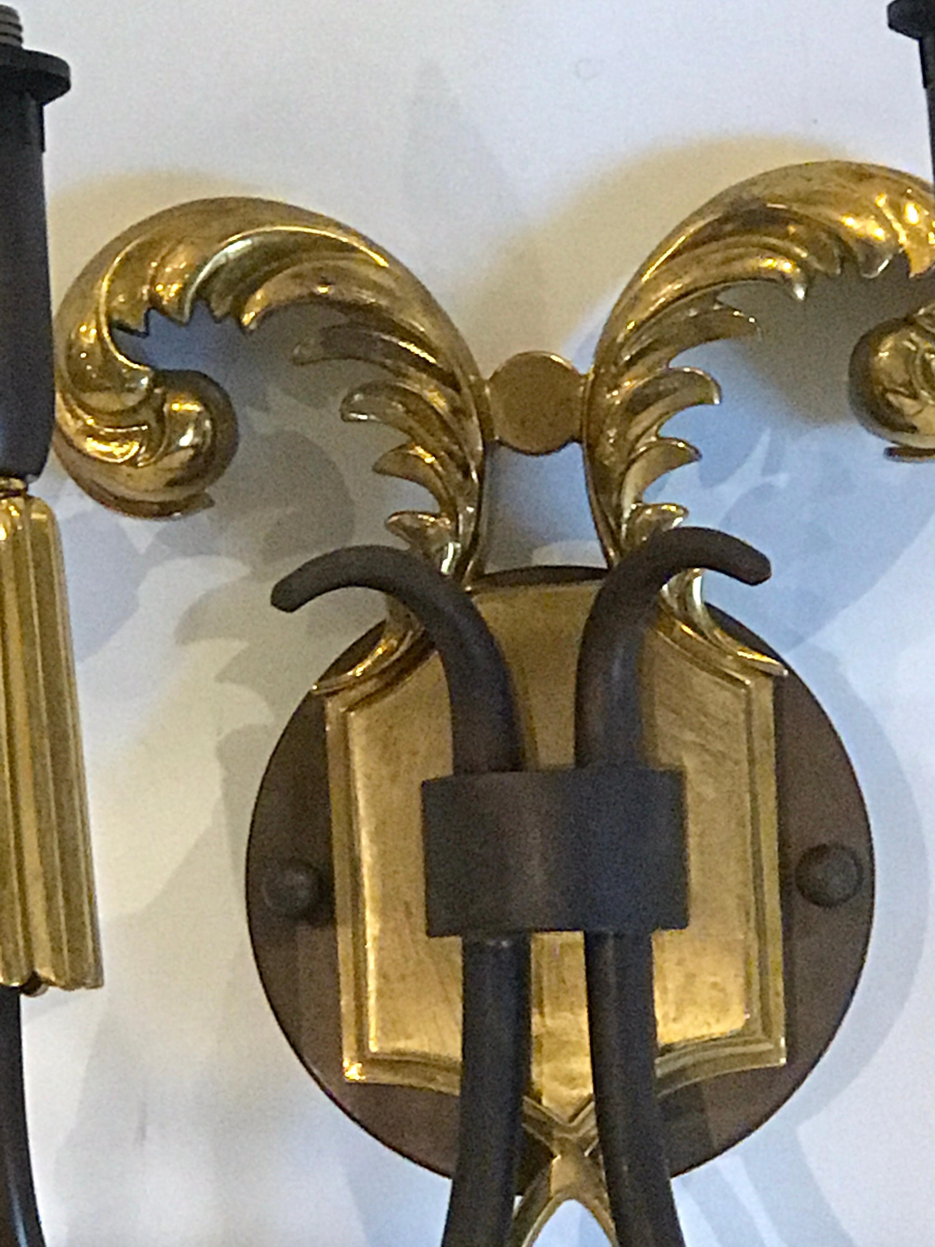 20th Century Pair of French Art Deco Gilt and Patinated Bronze Wall Sconces