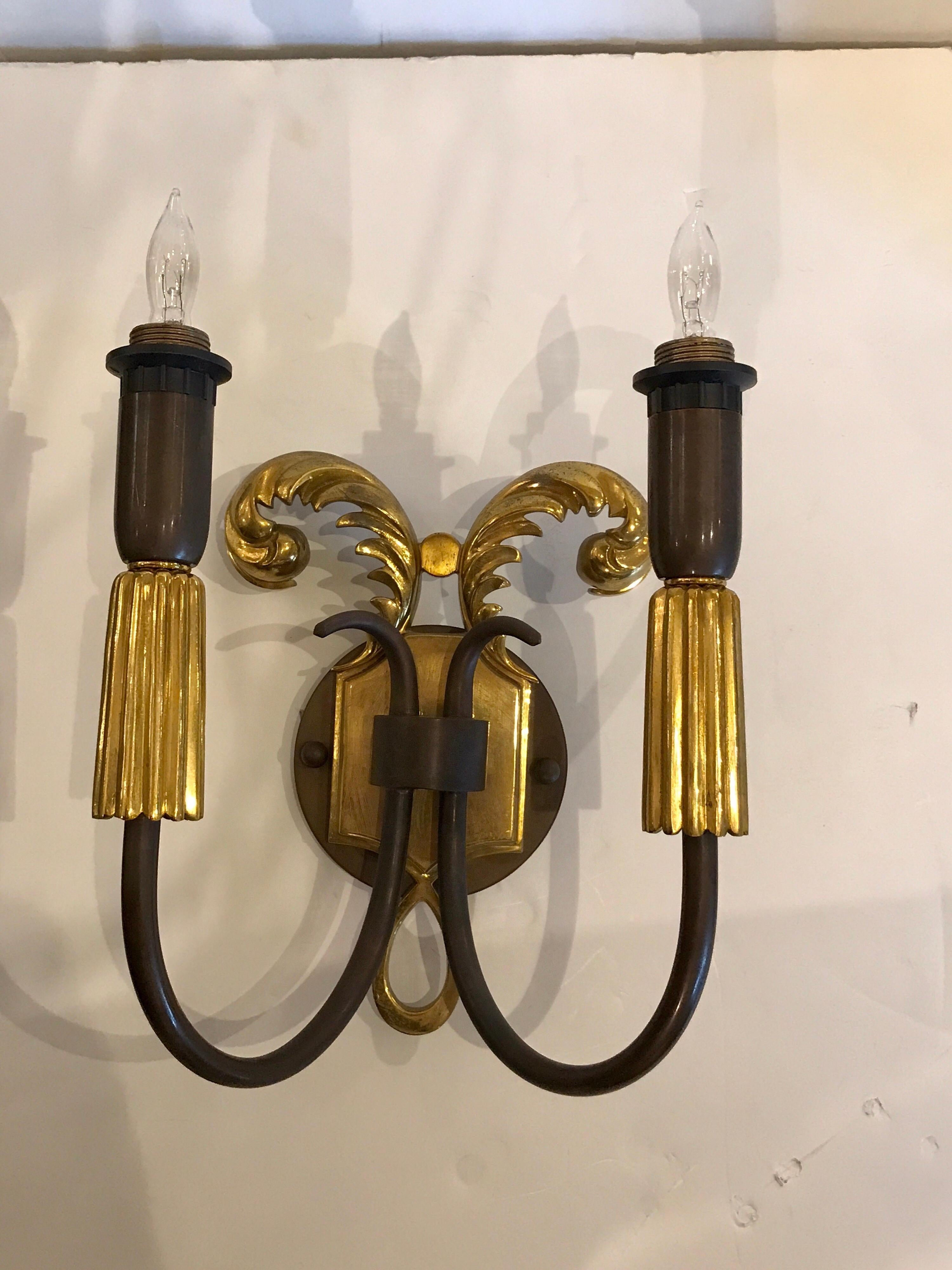 Pair of French Art Deco Gilt and Patinated Bronze Wall Sconces 1
