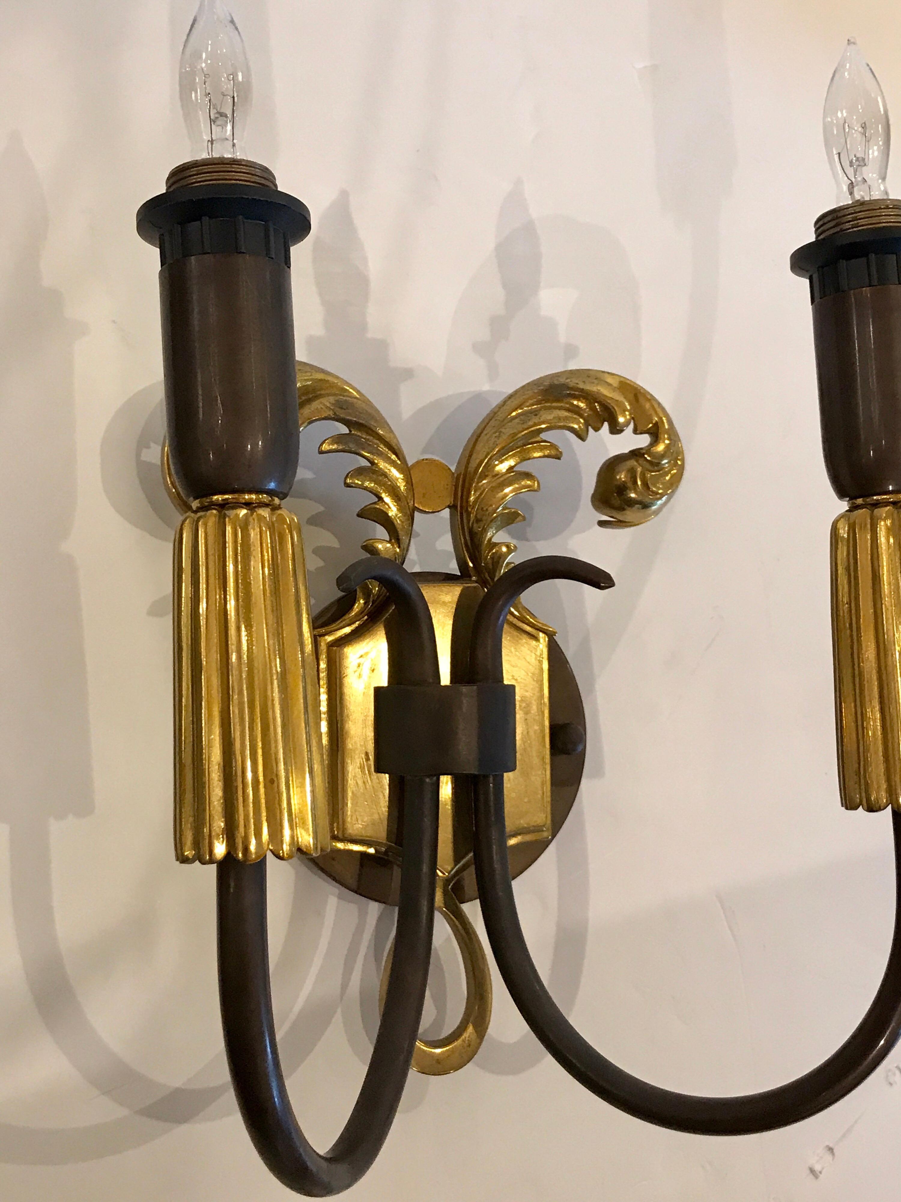 Pair of French Art Deco Gilt and Patinated Bronze Wall Sconces 2