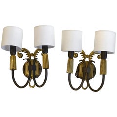 Pair of French Art Deco Gilt and Patinated Bronze Wall Sconces