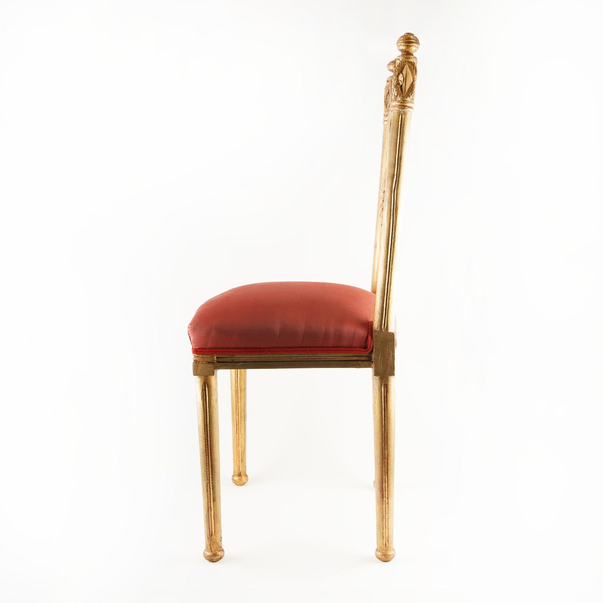 20th Century Pair of French Art Deco Gilt Chairs with Red Silk Upholstery For Sale