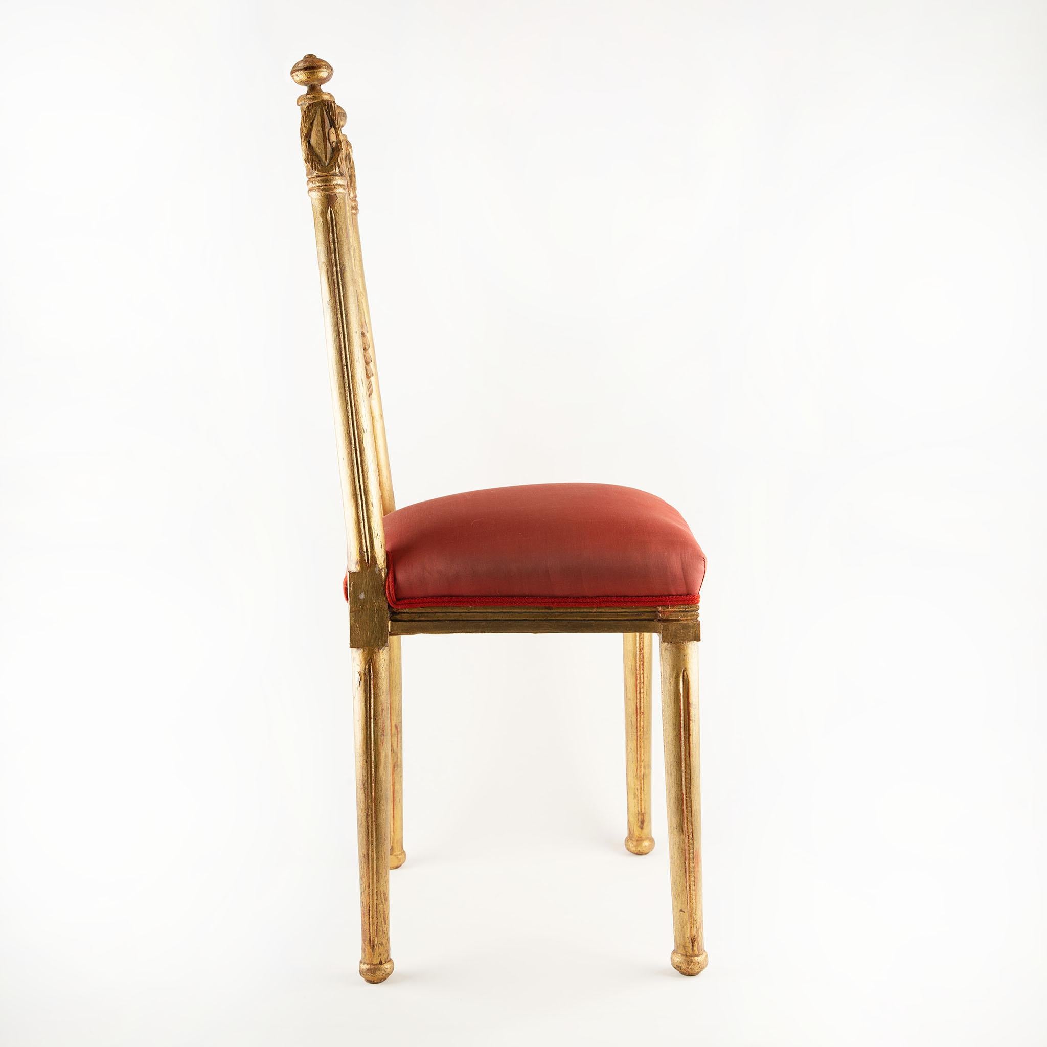 Pair of French Art Deco Gilt Chairs with Red Silk Upholstery For Sale 1