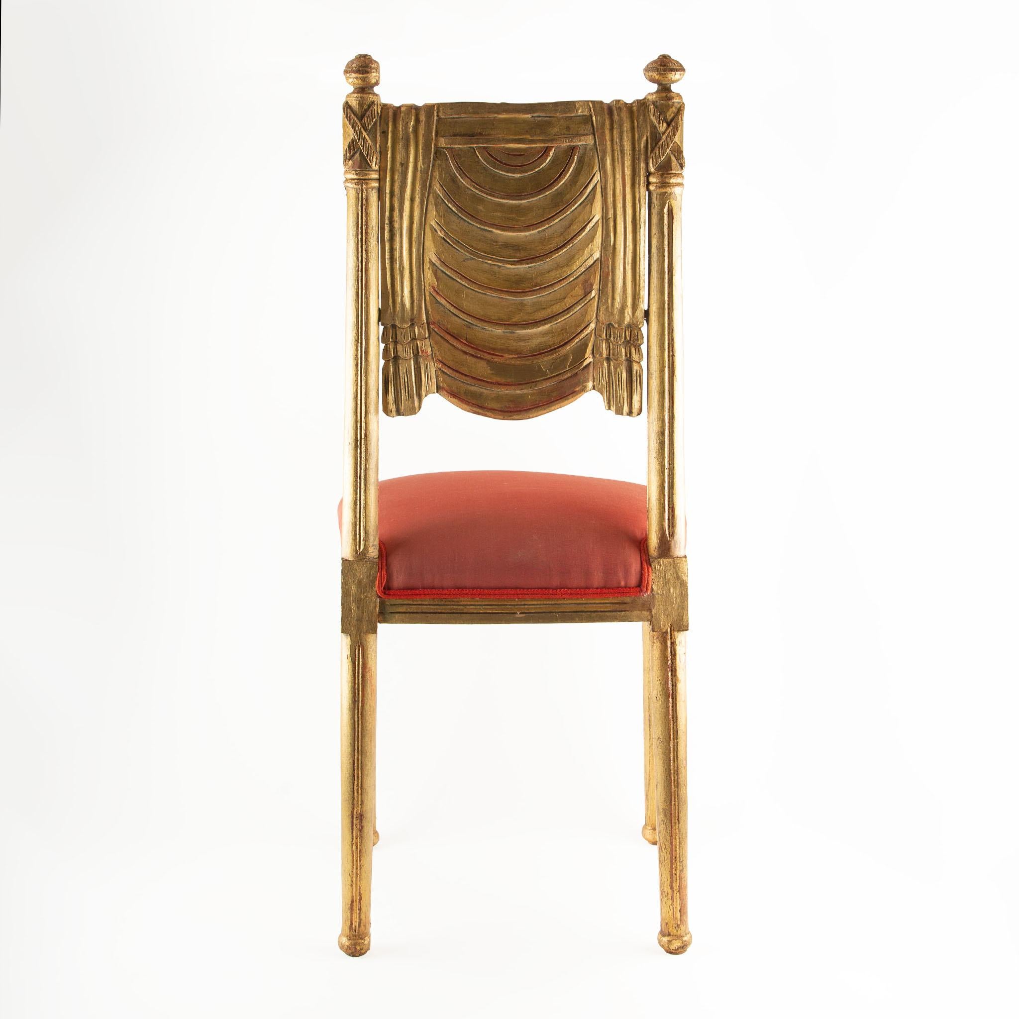Pair of French Art Deco Gilt Chairs with Red Silk Upholstery For Sale 2