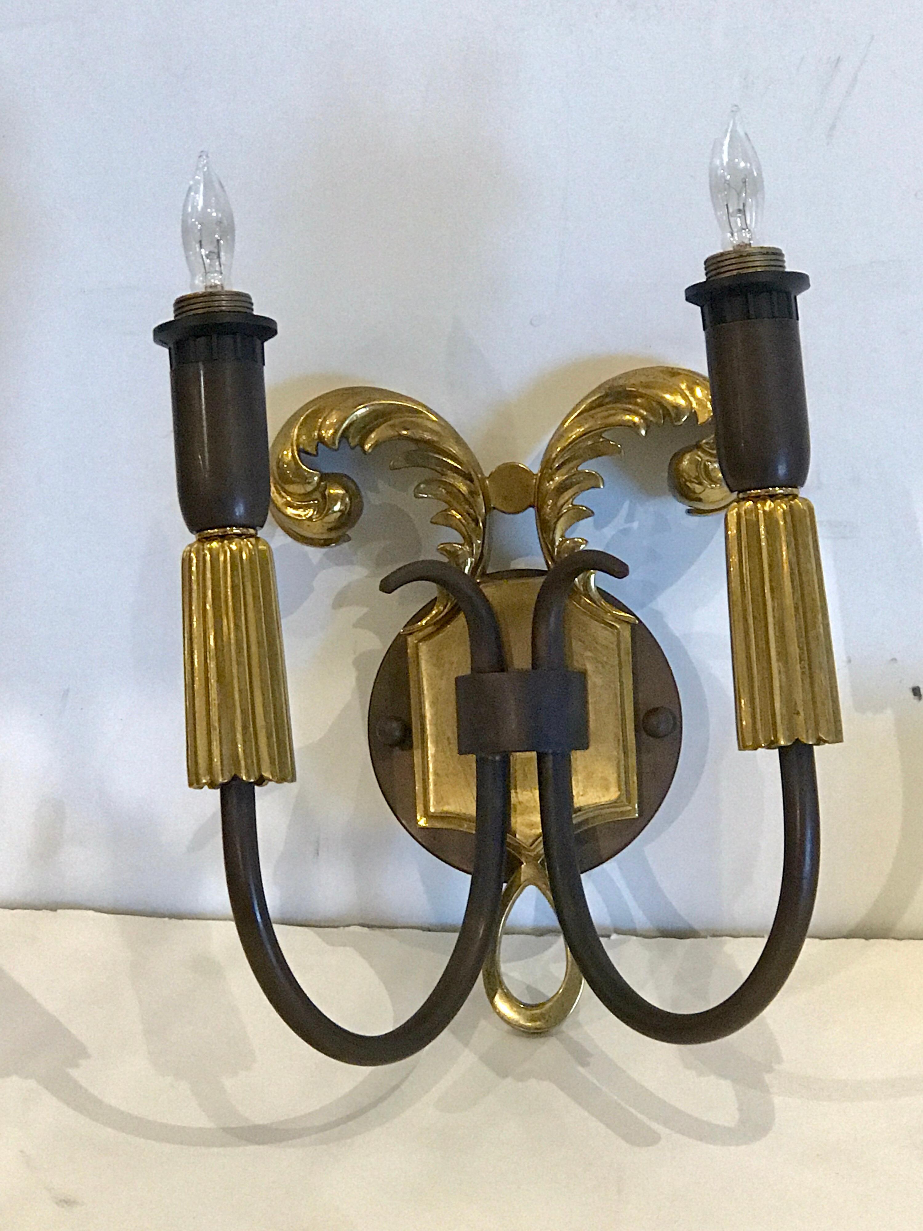 Pair of French Art Deco Gilt and Patinated Bronze Wall Sconces In Good Condition For Sale In Atlanta, GA
