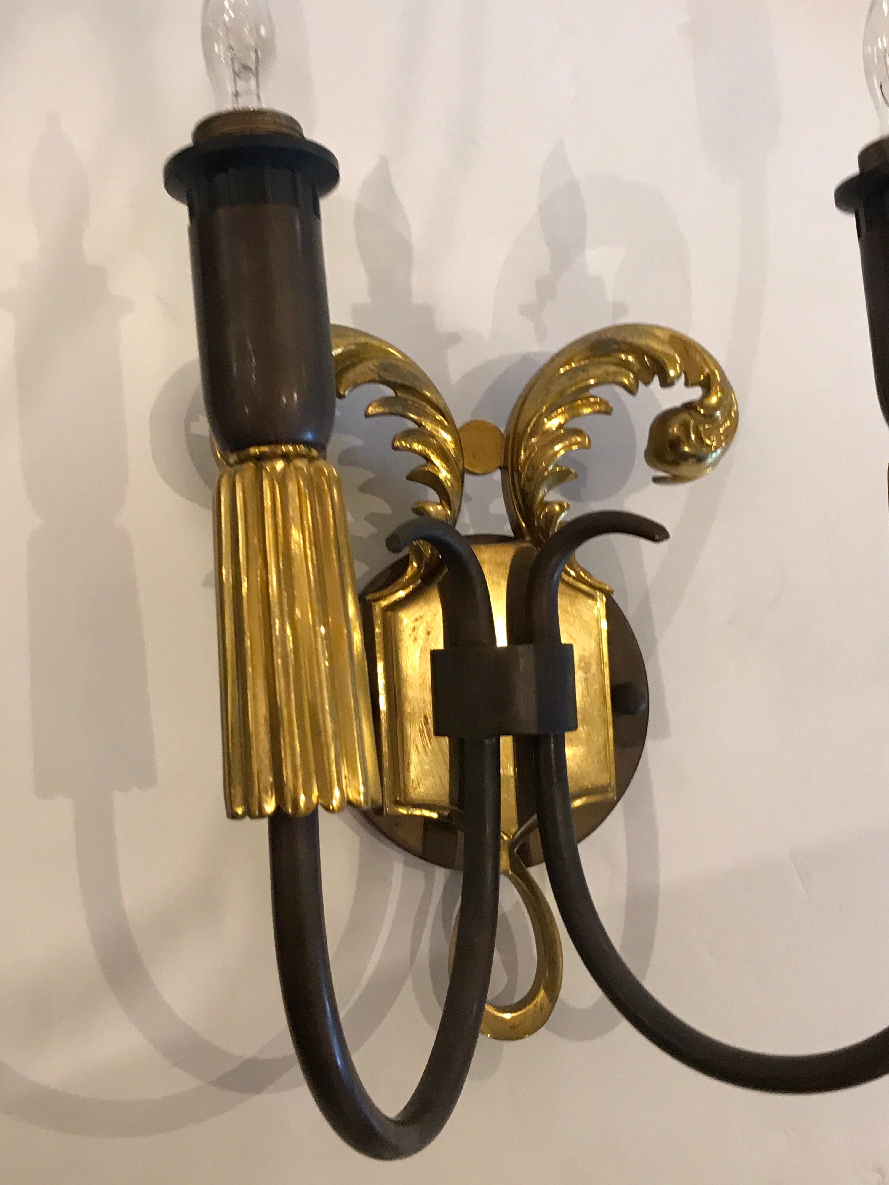 Pair of French Art Deco Gilt and Patinated Bronze Wall Sconces For Sale 3