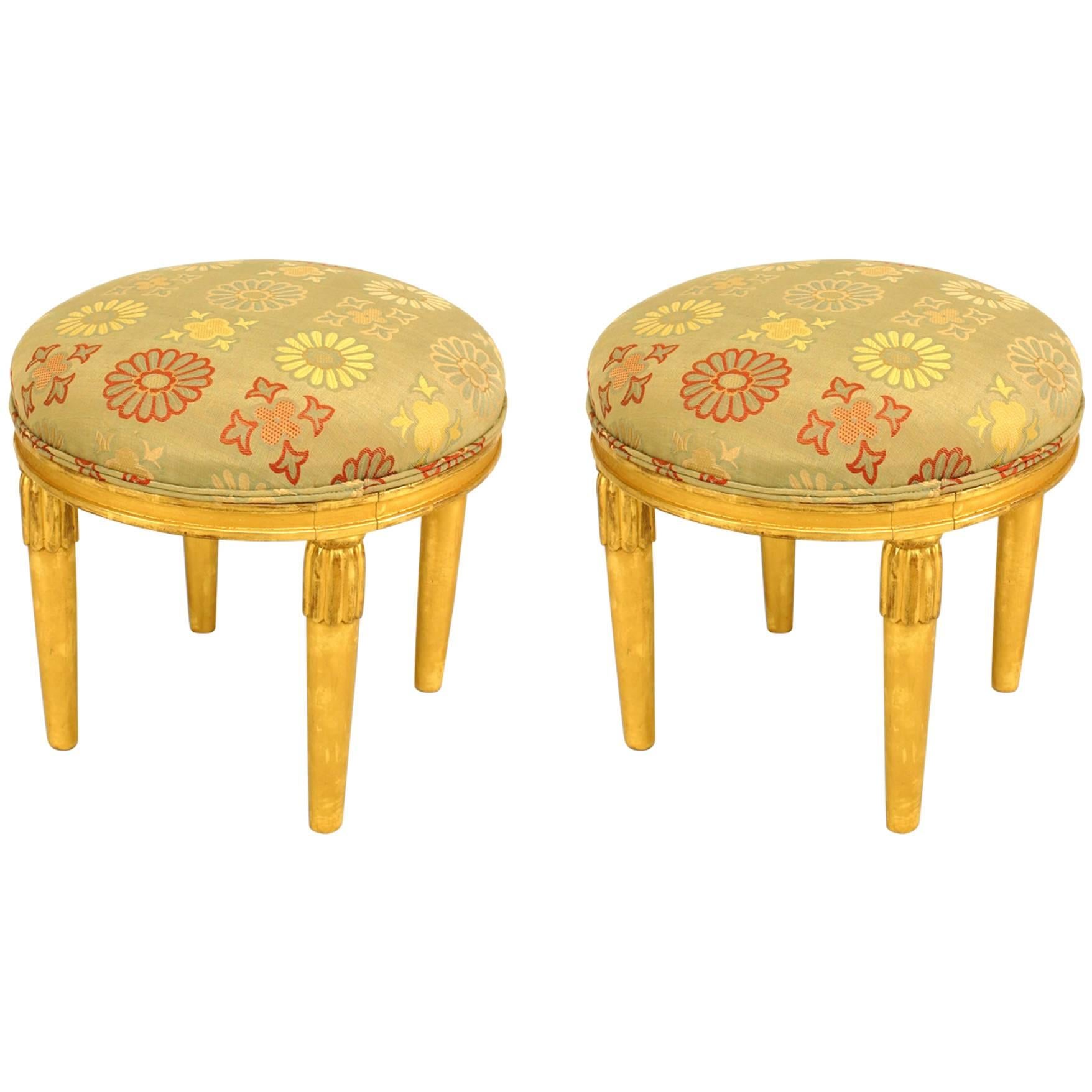 Pair of French Art Deco Gilt Round Low Stools For Sale