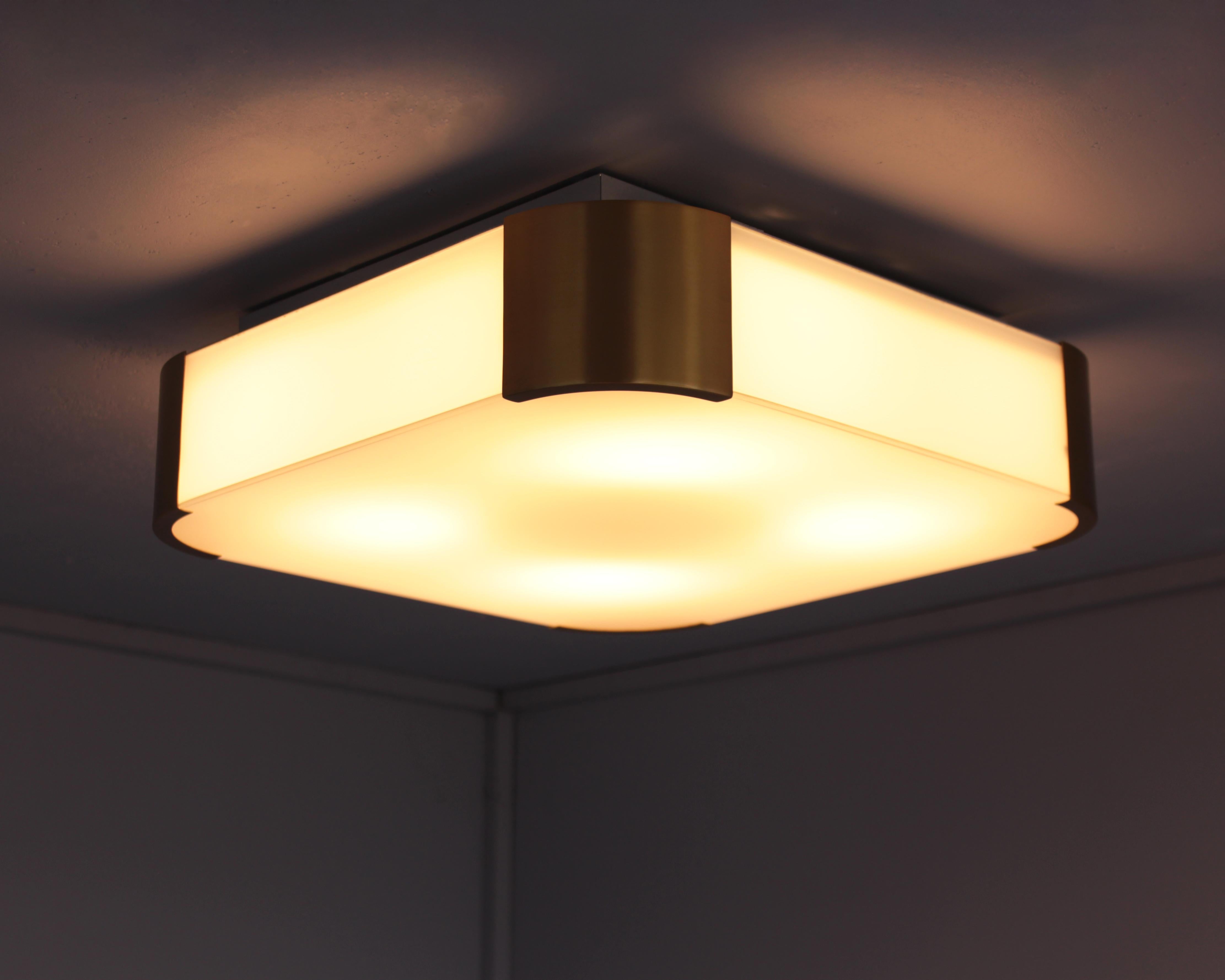 Pair of French Art Deco Glass and Brass Ceiling or Wall Lights by Jean Perzel For Sale 7