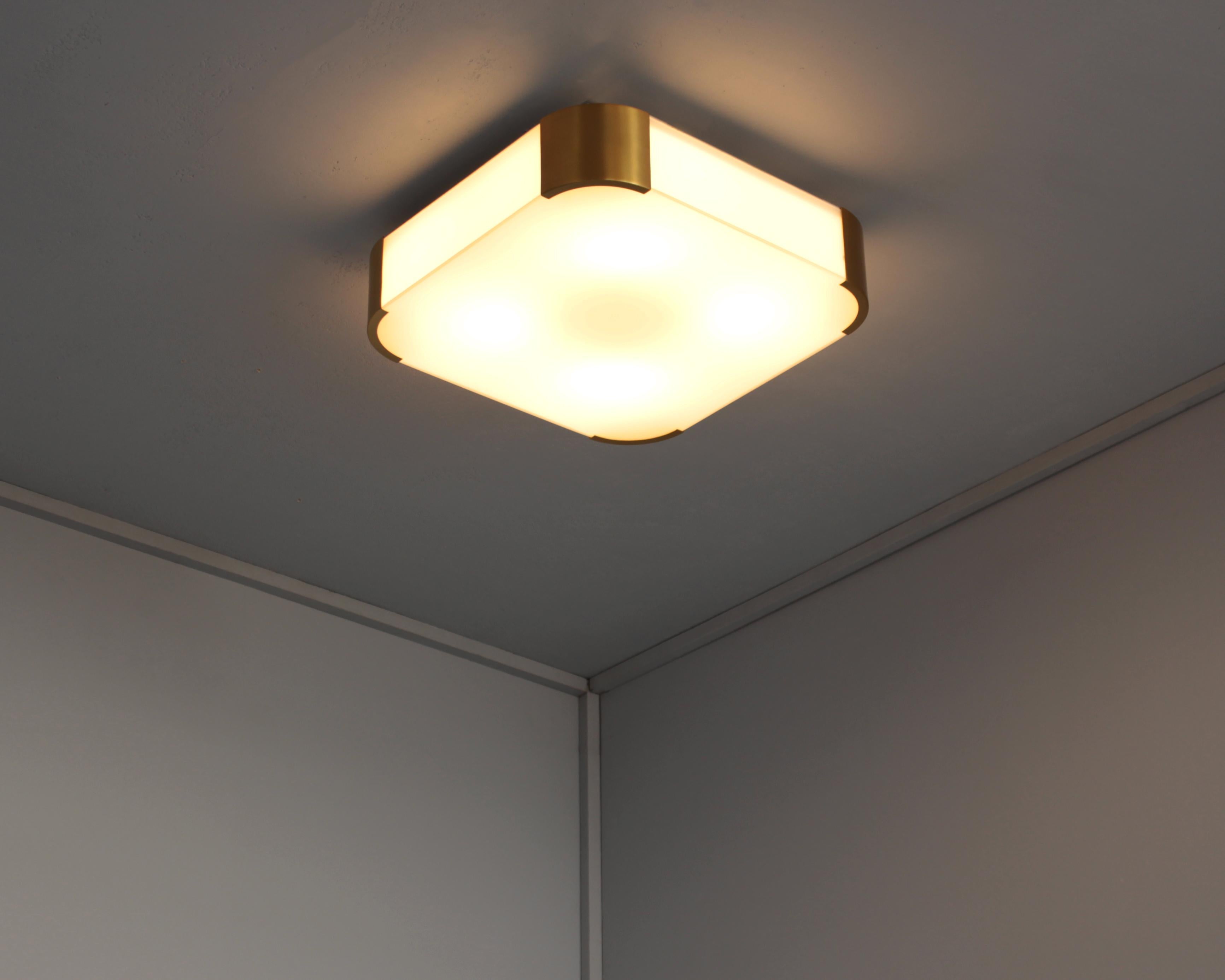 Pair of French Art Deco Glass and Brass Ceiling or Wall Lights by Jean Perzel For Sale 1