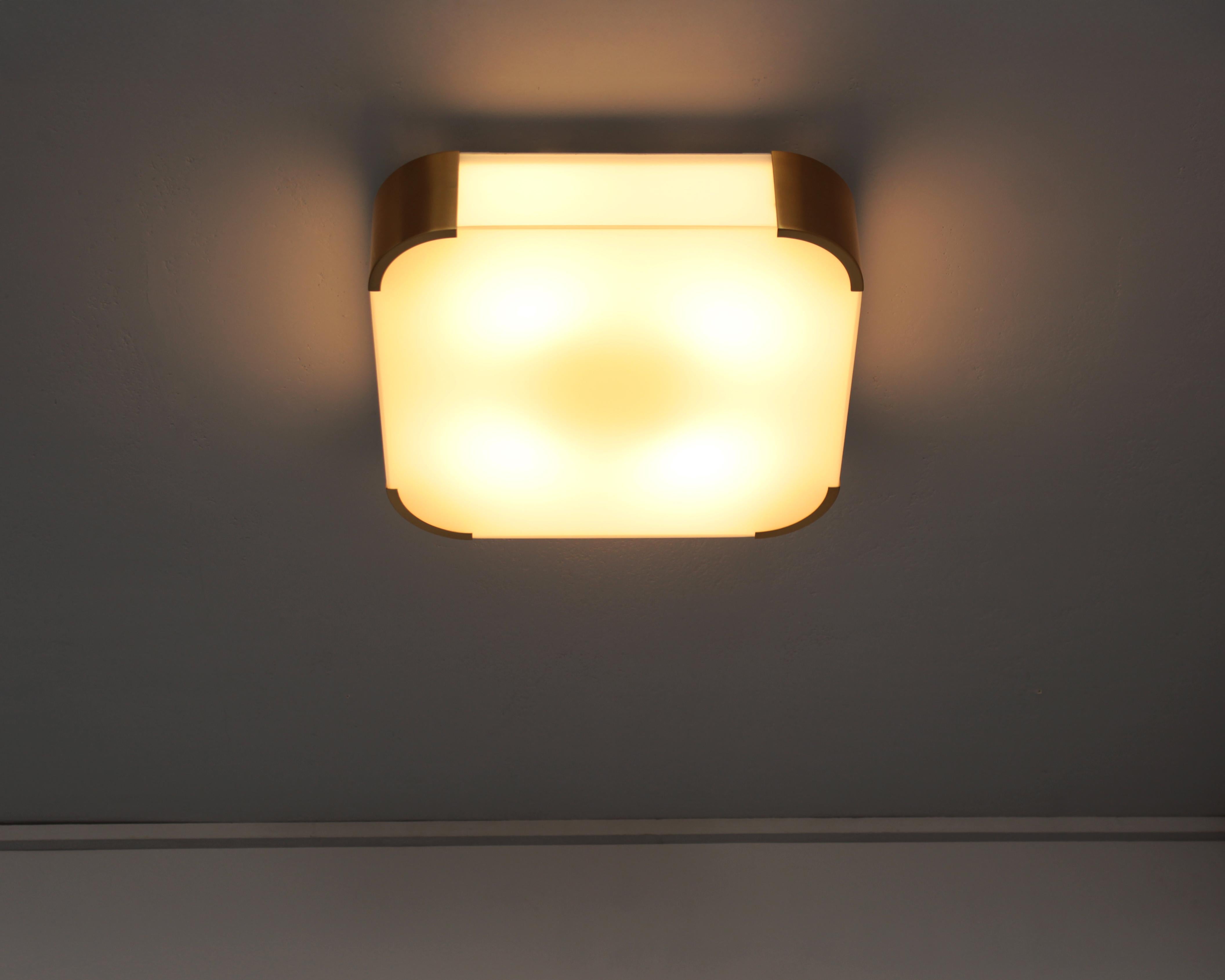 Pair of French Art Deco Glass and Brass Ceiling or Wall Lights by Jean Perzel For Sale 3