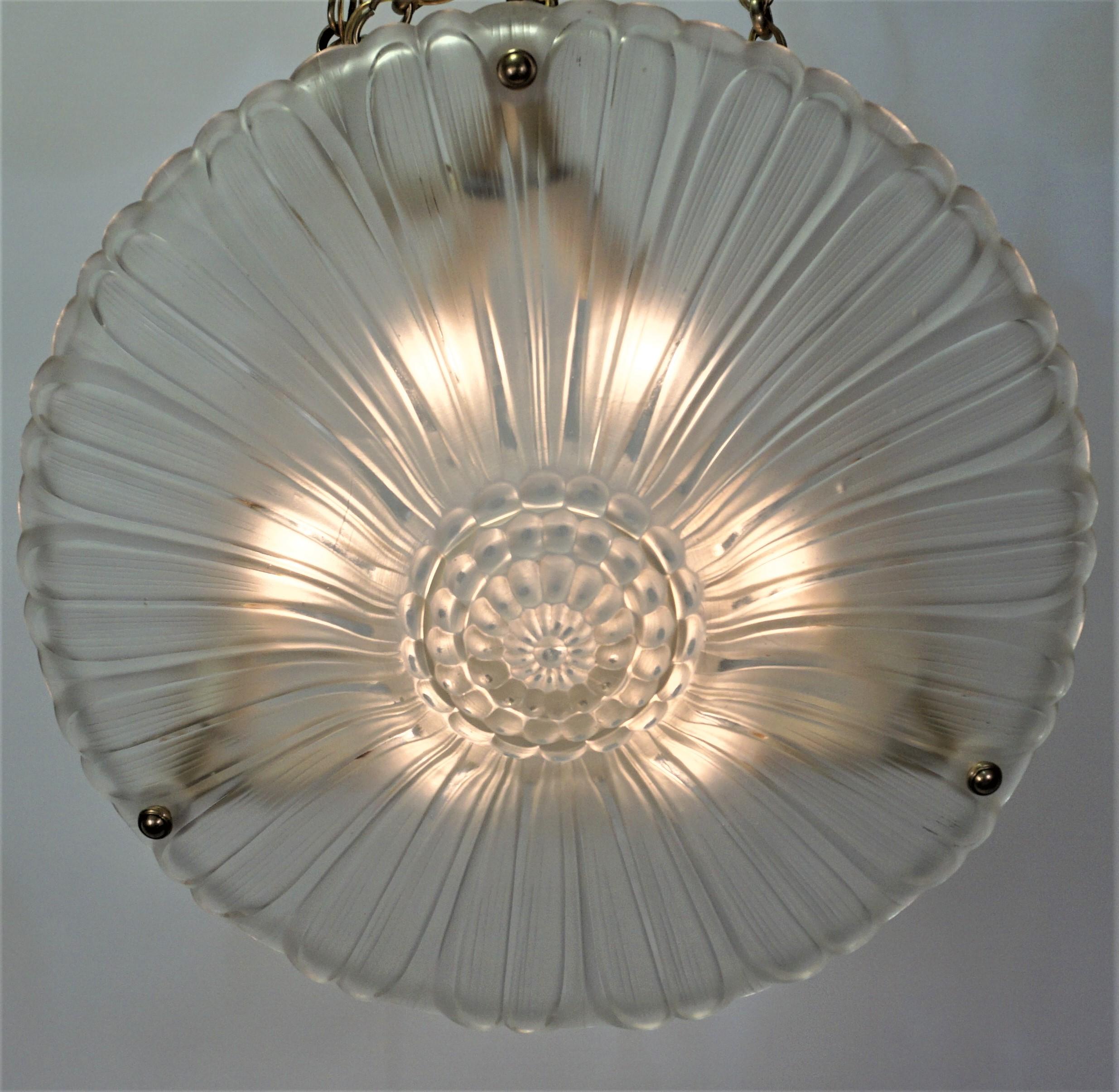 Mid-20th Century  French Art Deco Glass Chandelier with Bronze Mounting