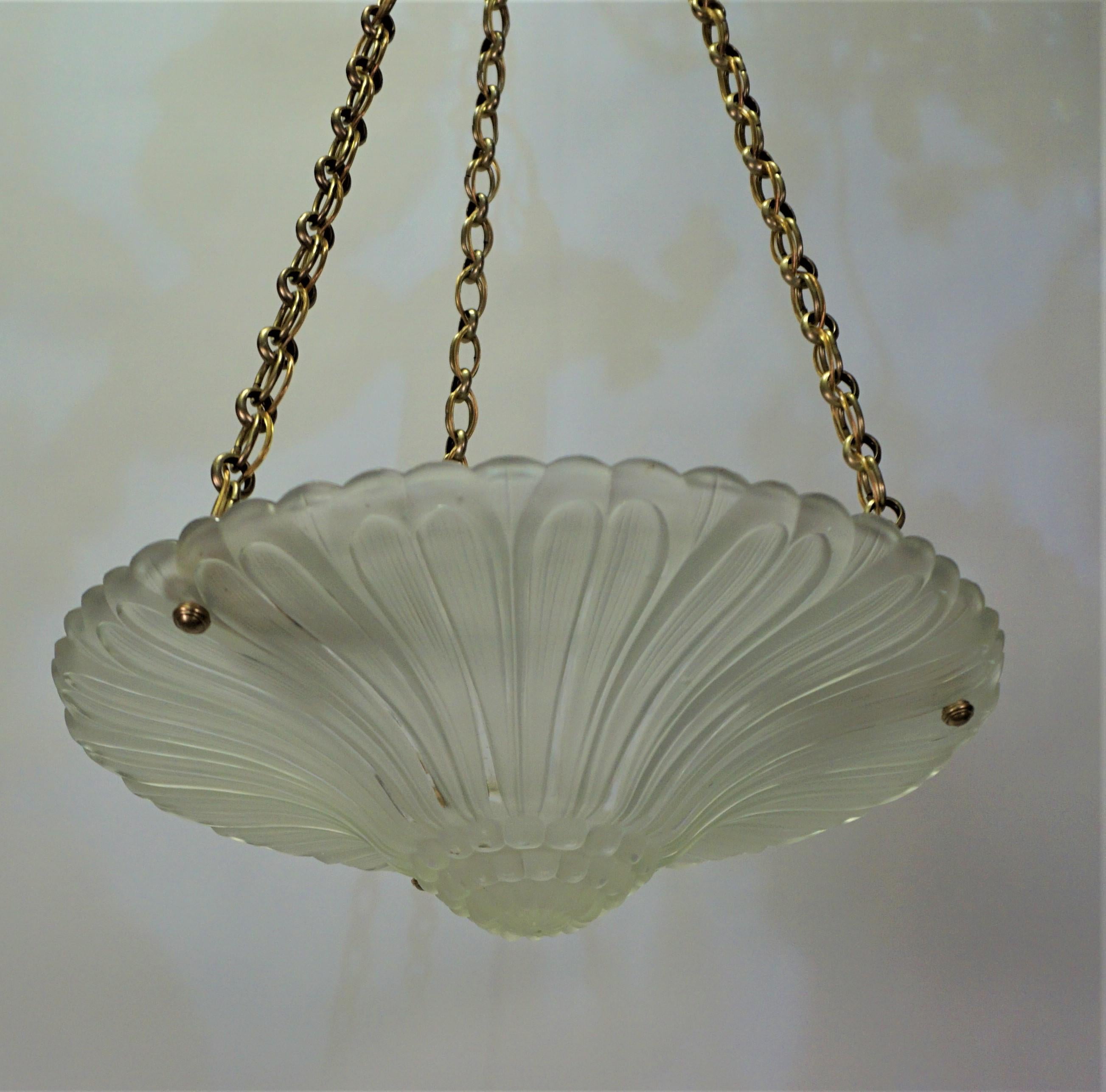  French Art Deco Glass Chandelier with Bronze Mounting 1
