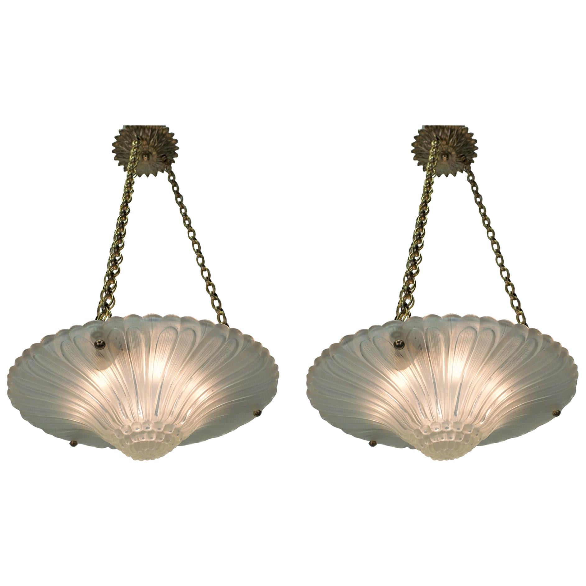  French Art Deco Glass Chandelier with Bronze Mounting
