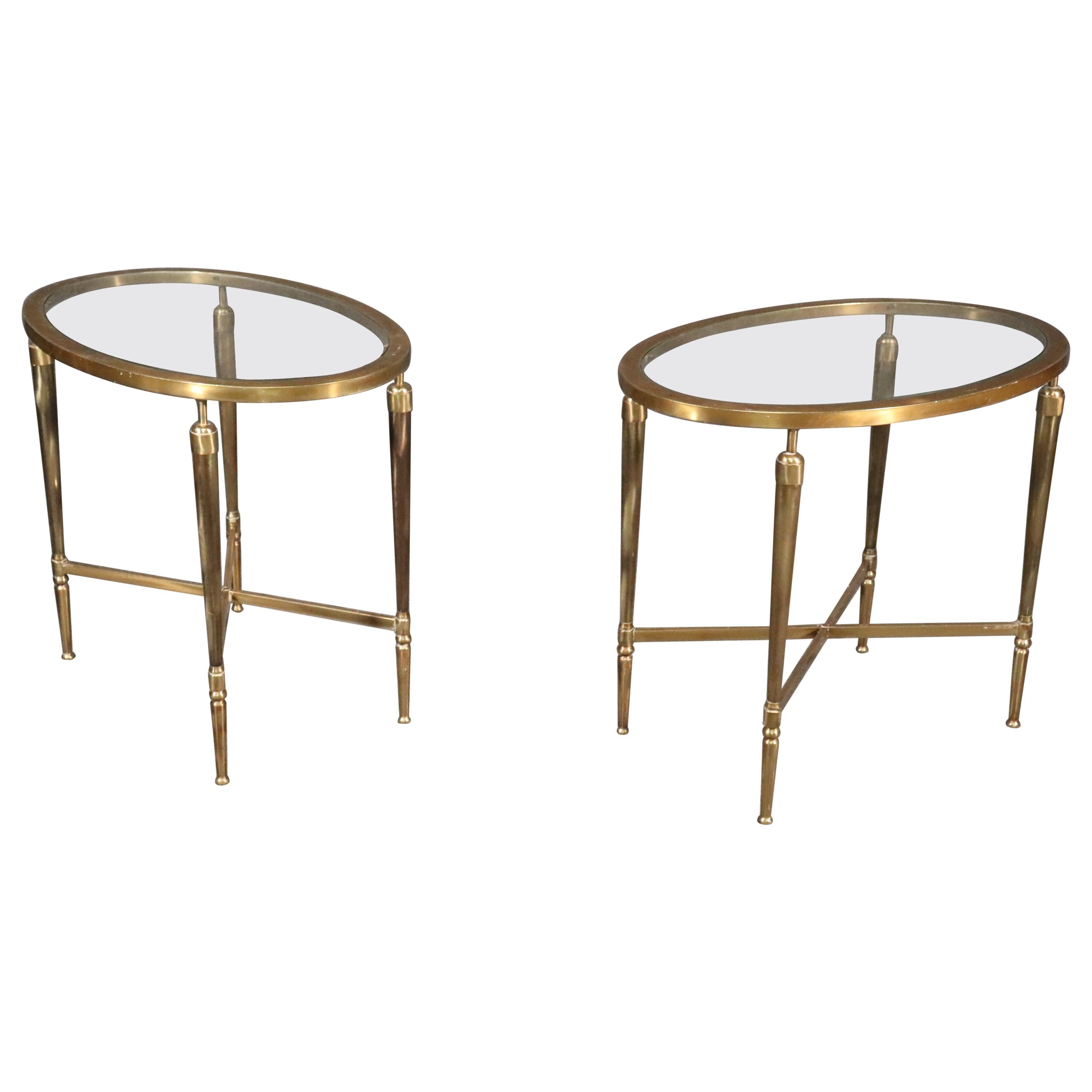Pair of French Art Deco Glass Top Oval Solid Brass End Occasional Tables