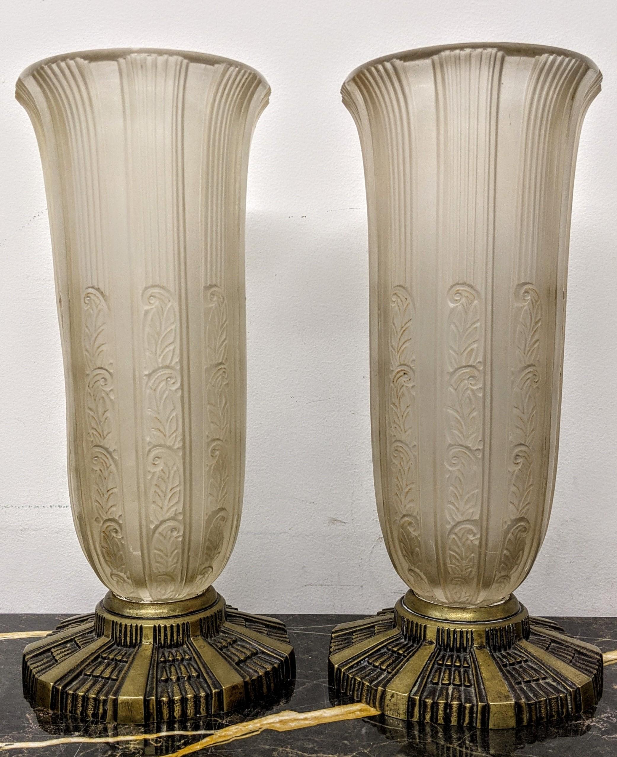 Cast Pair of French Art Deco Glass Vases by Hettier & Vincent