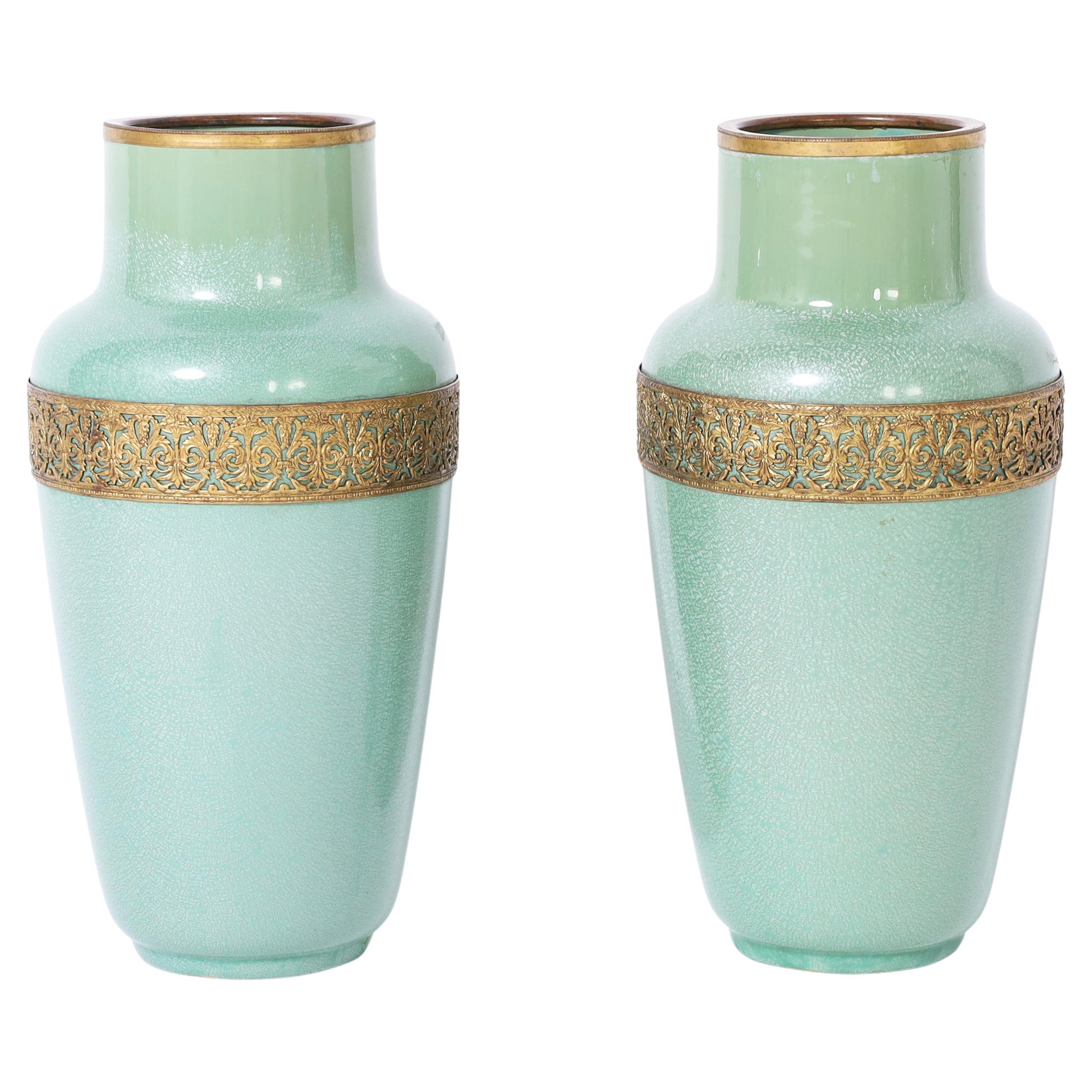 Pair of French Art Deco Green Vases by Sarrequemines For Sale